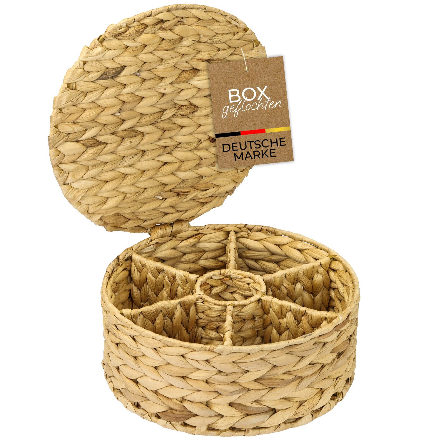 HMF Teebox Teebox aus Wasserhyazinthe mit 7 Fächern, Aufbewahrung von Teebeuteln, Wasserhyazinthe, Aufbewahrungskorb als Organizer für Küche, Bad Wohnbereich, ø 27x11 cm