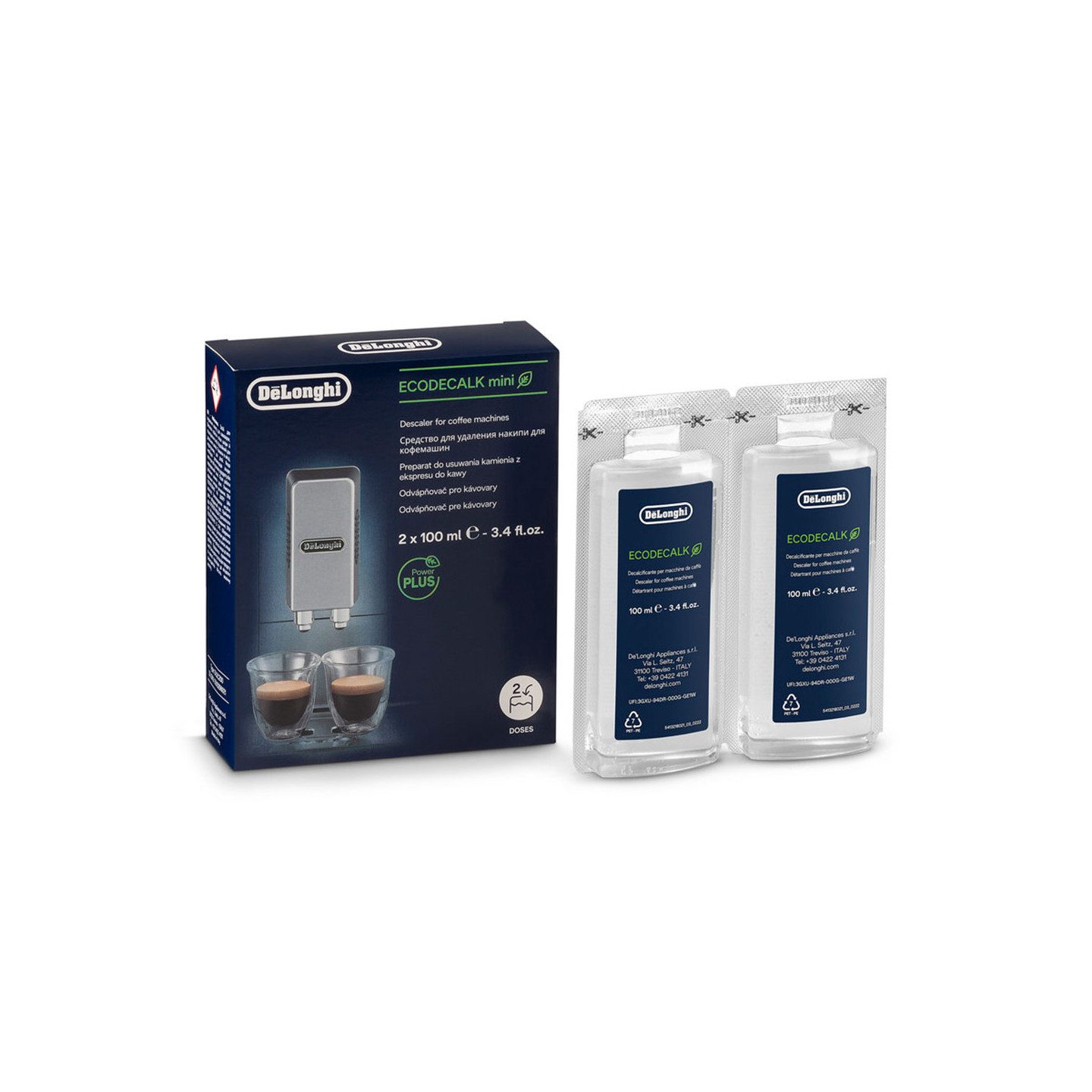 De'Longhi Flüssigentkalker DeLonghi EcoDecalk Mini, 2 x 100 ml DLSC200 (5513296 Kaffeevollautomaten-Reinigungsset