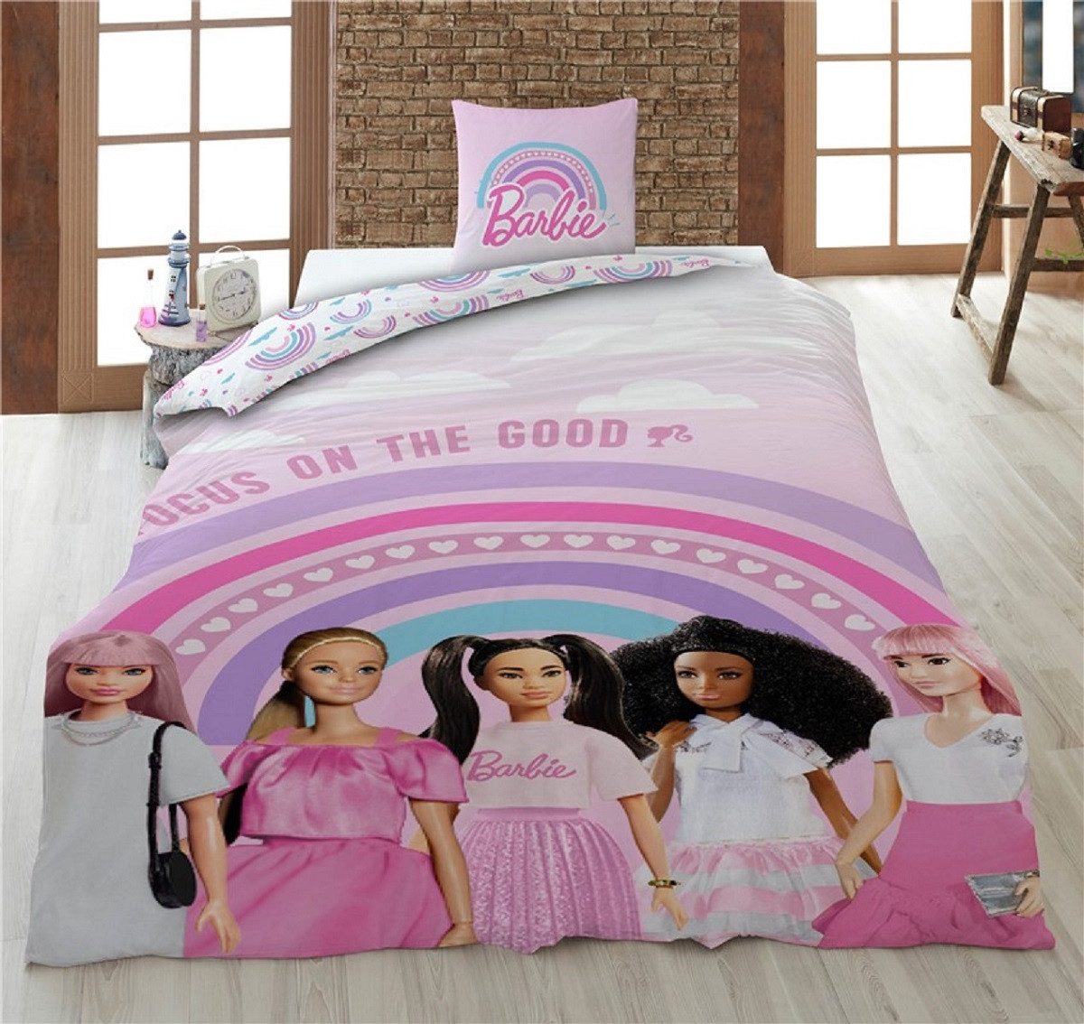 Barbie Bettwäsche - Set – 1x Deckenbezug 140x200 & 1x Kissenbezug 65x65 cm für Kinder, Baumwolle, 2 teilig, perfekt für Kinderzimmer, ideal für die Nächte
