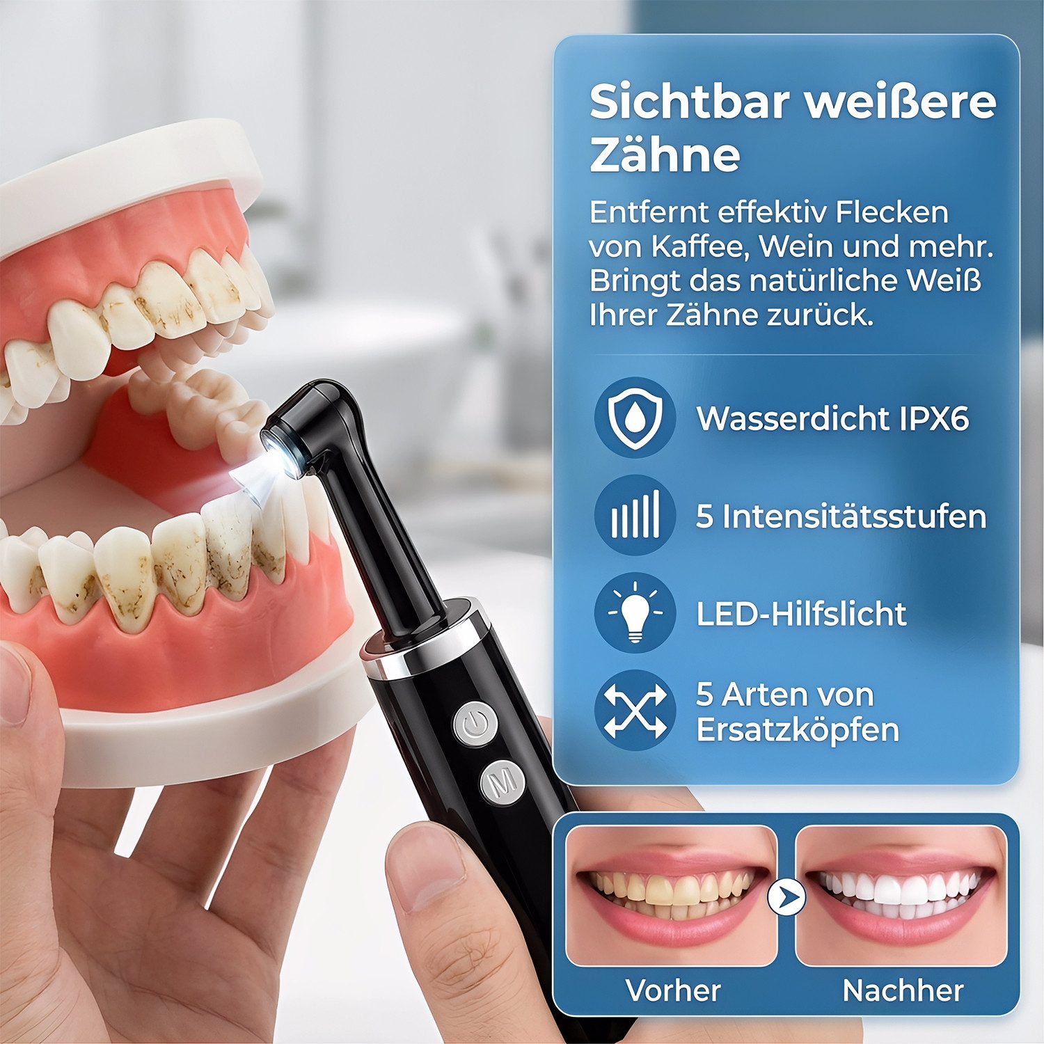 AKKEE Mundpflegecenter Zahnpflege-Set, Zahnreiniger, Elektrisch Zahnsteinentferner, 5 Modi, mit LED-Licht