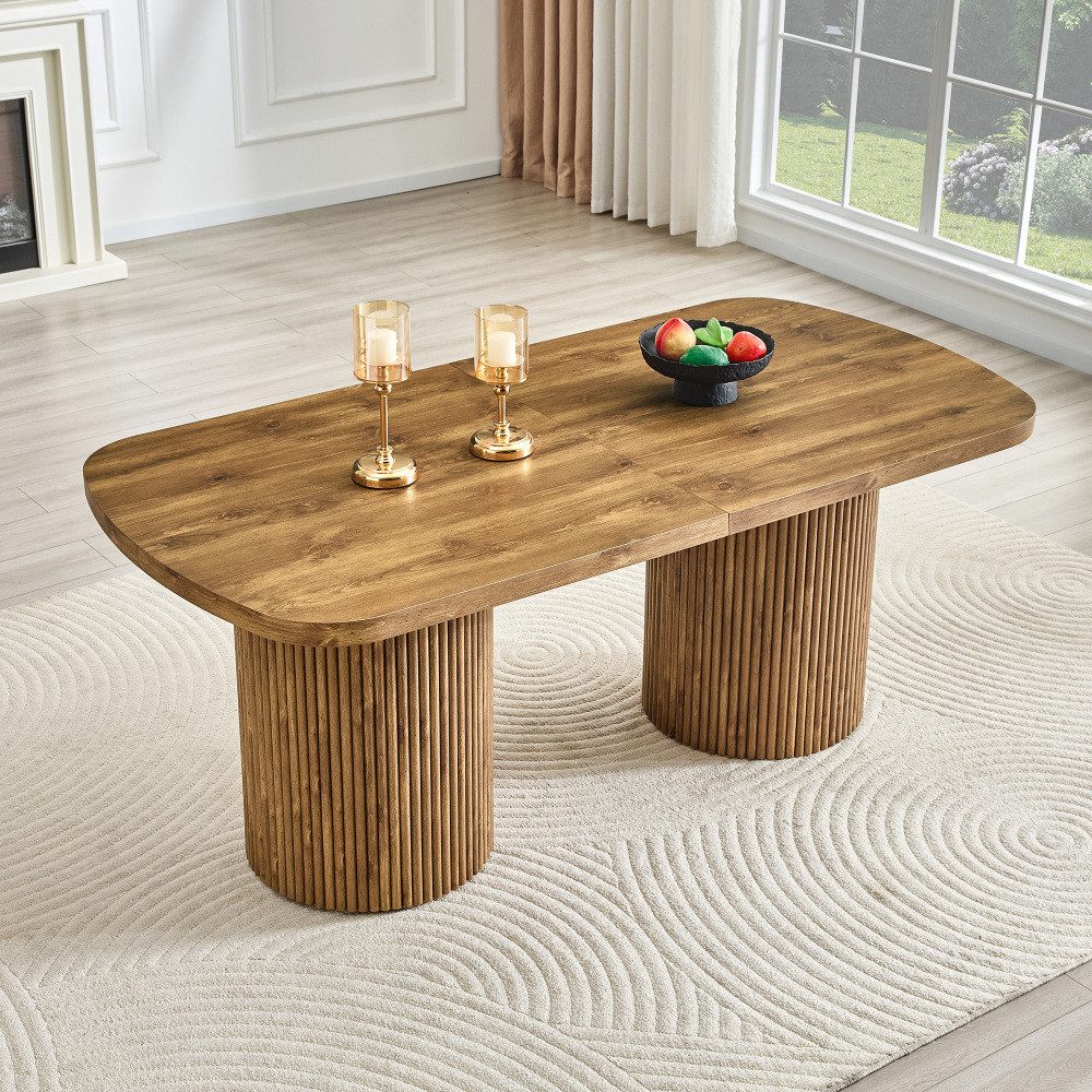 BBWL Esstisch mit geriffeltem Säulenfuß, Wabi-Sabi Mid-Century Küchentisch, Ovaler Esstisch MDF Holzoptik