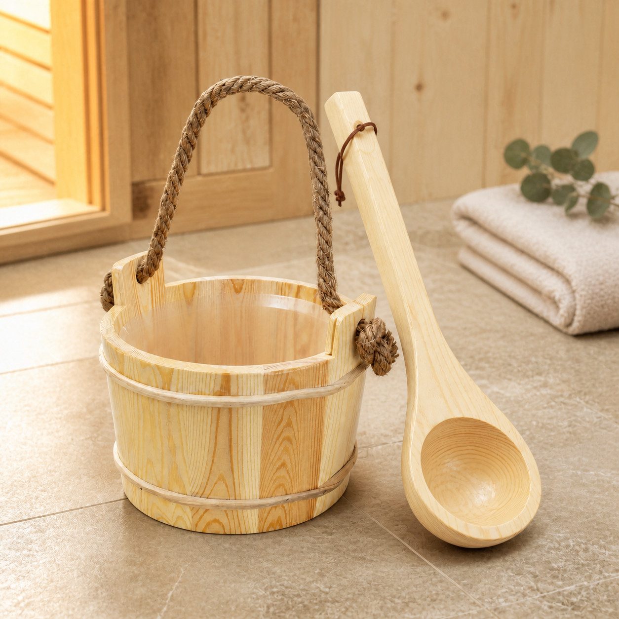 HAGO Sauna-Aufgussset Aufgusskübel-Set Holzeimer Wasserkübel Holzkelle Kiefernholz (Sauna-Set, 2-tlg., Zweiteiliges Set aus Aufgusskübel und Holzkelle) Naturseilgriff und innenliegender Einsatz zum Schutz vor Feuchtigkeit