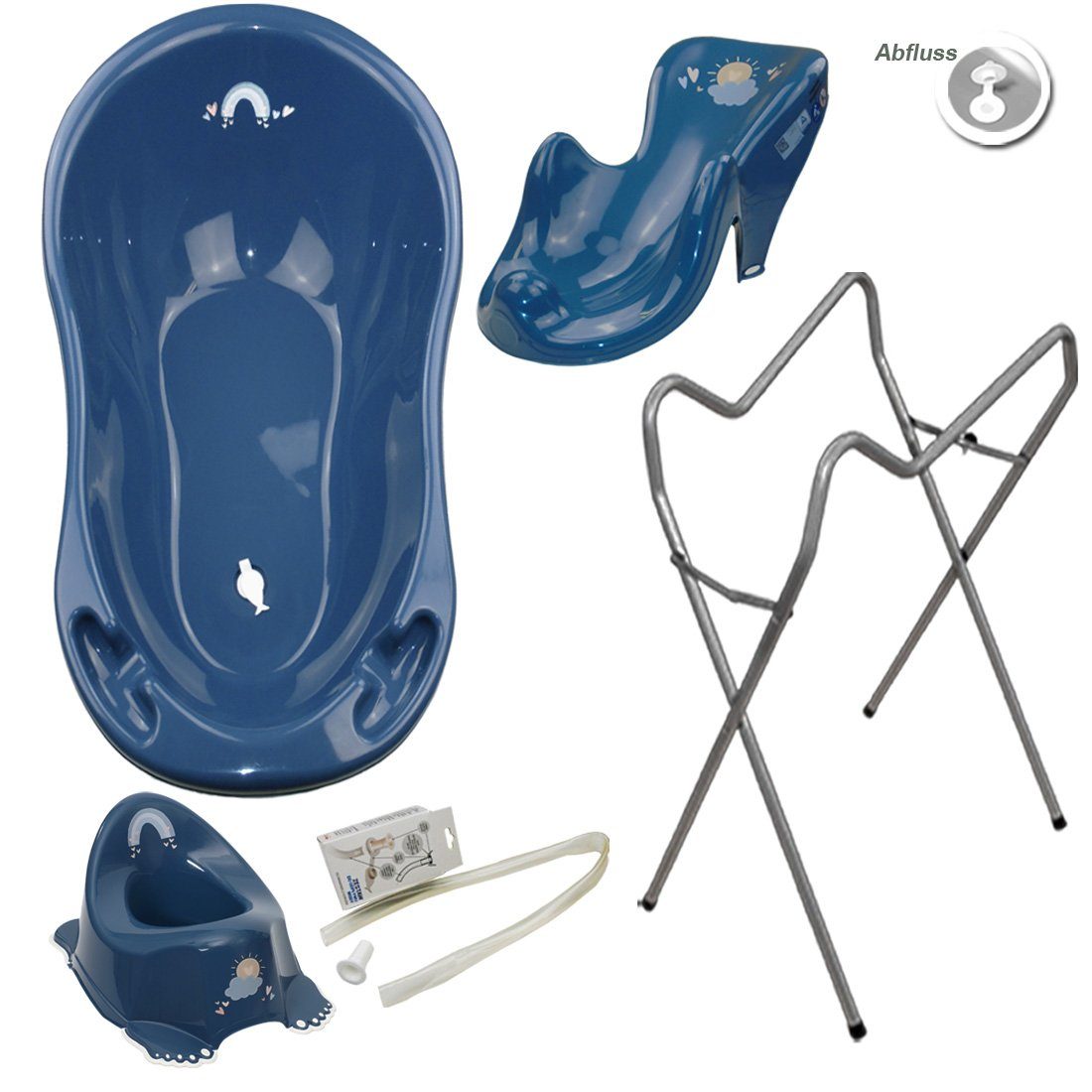 Tega-Baby Babybadewanne 4 Teile SET AB- METEO Blau + Ständer Grau -Abflussset Babybadeset, (Made in Europe Premium.set), Wanne + Sitz + Töpfchen + Ablauf Set+ Ständer
