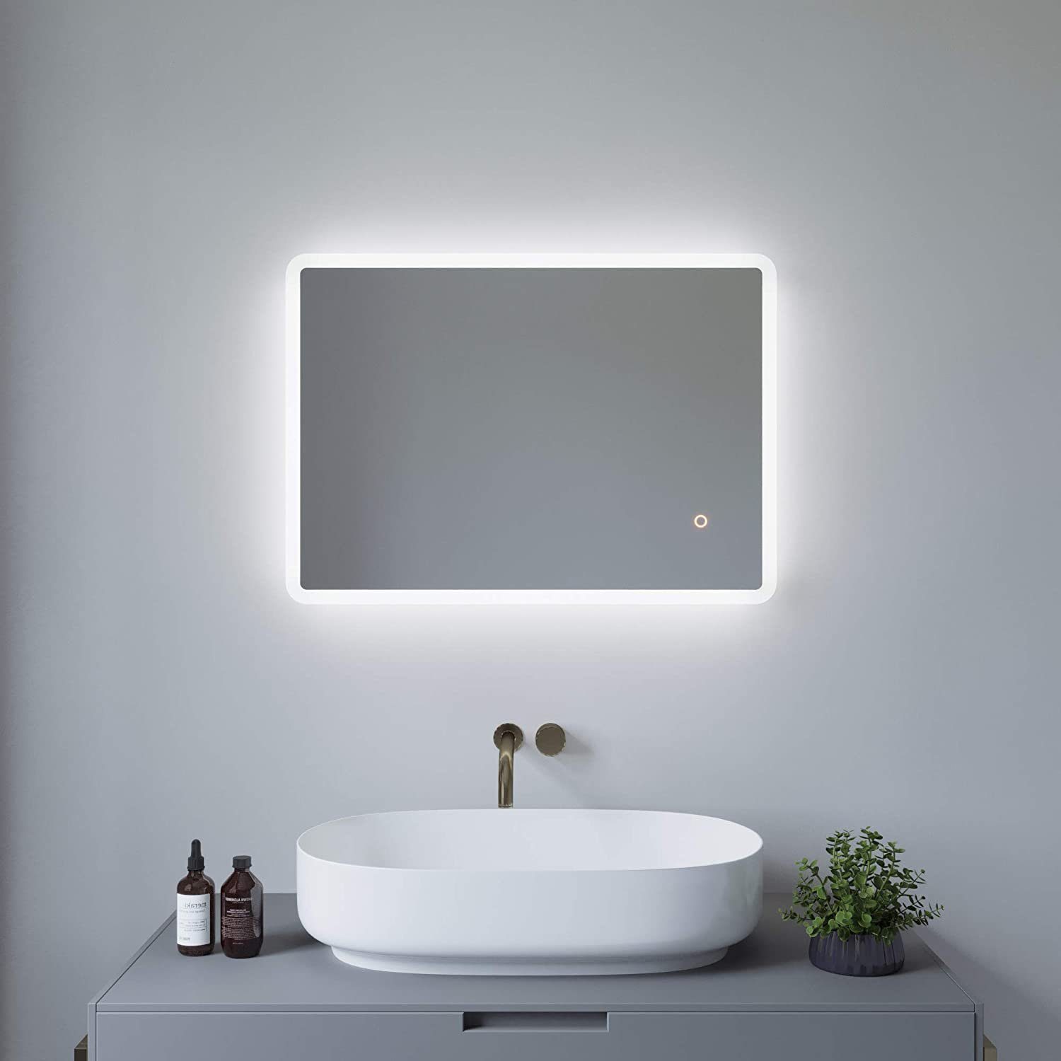 AQUABATOS LED-Lichtspiegel Badspiegel LED Spiegel Badezimmerspiegel mit 6400K Beleuchtung Touch Energiesparend Bad Kaltweiß Schalter IP44 70x50cm, Dimmbar