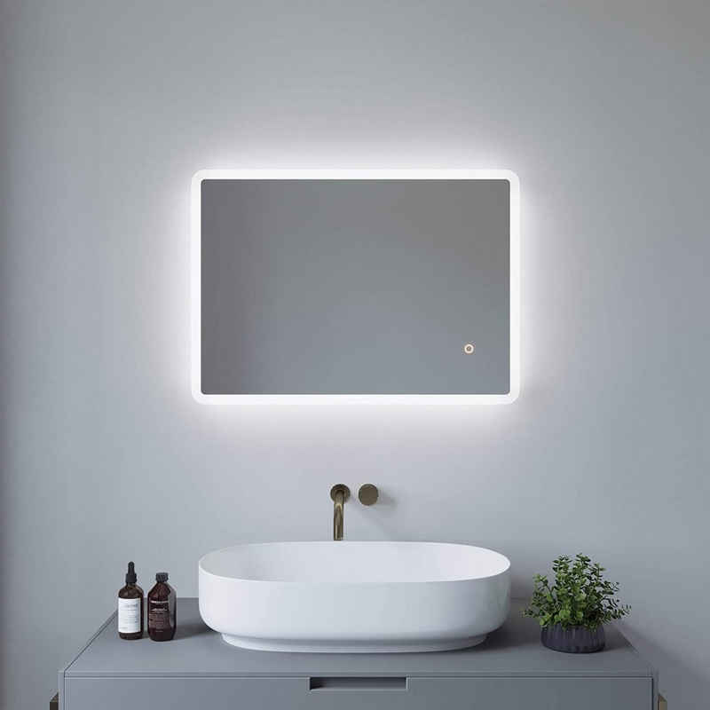 AQUABATOS LED-Lichtspiegel LED Badspiegel Badezimmerspiegel Bad Spiegel mit Beleuchtung 70x50cm, Dimmbar Touch Schalter Kaltweiß 6400K IP44 Energiesparend
