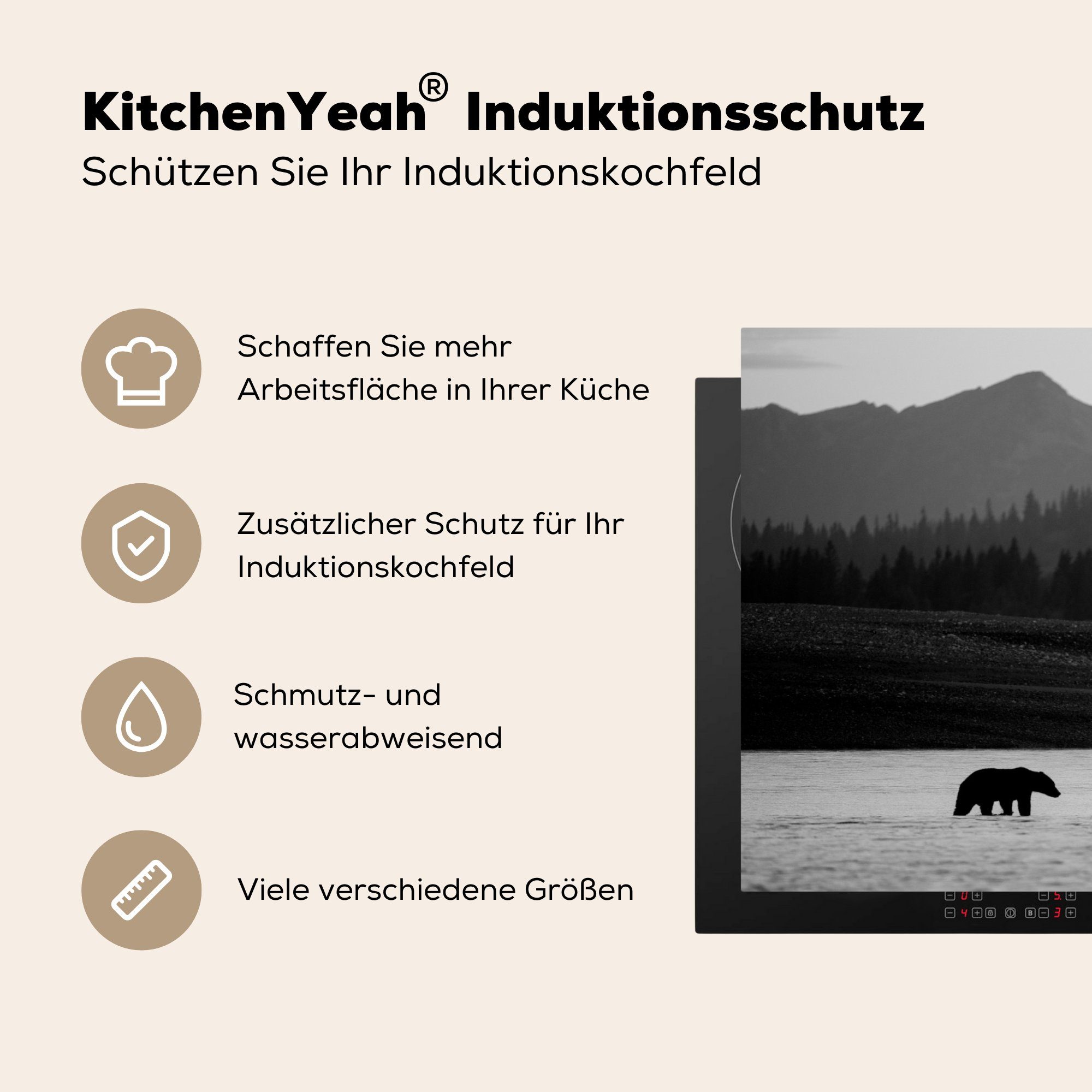 Braunbär Ceranfeldabdeckung tlg), die für Induktionskochfeld schwarz weiß, - MuchoWow 81x52 küche, Vinyl, Schutz und (1 Herdblende-/Abdeckplatte cm,