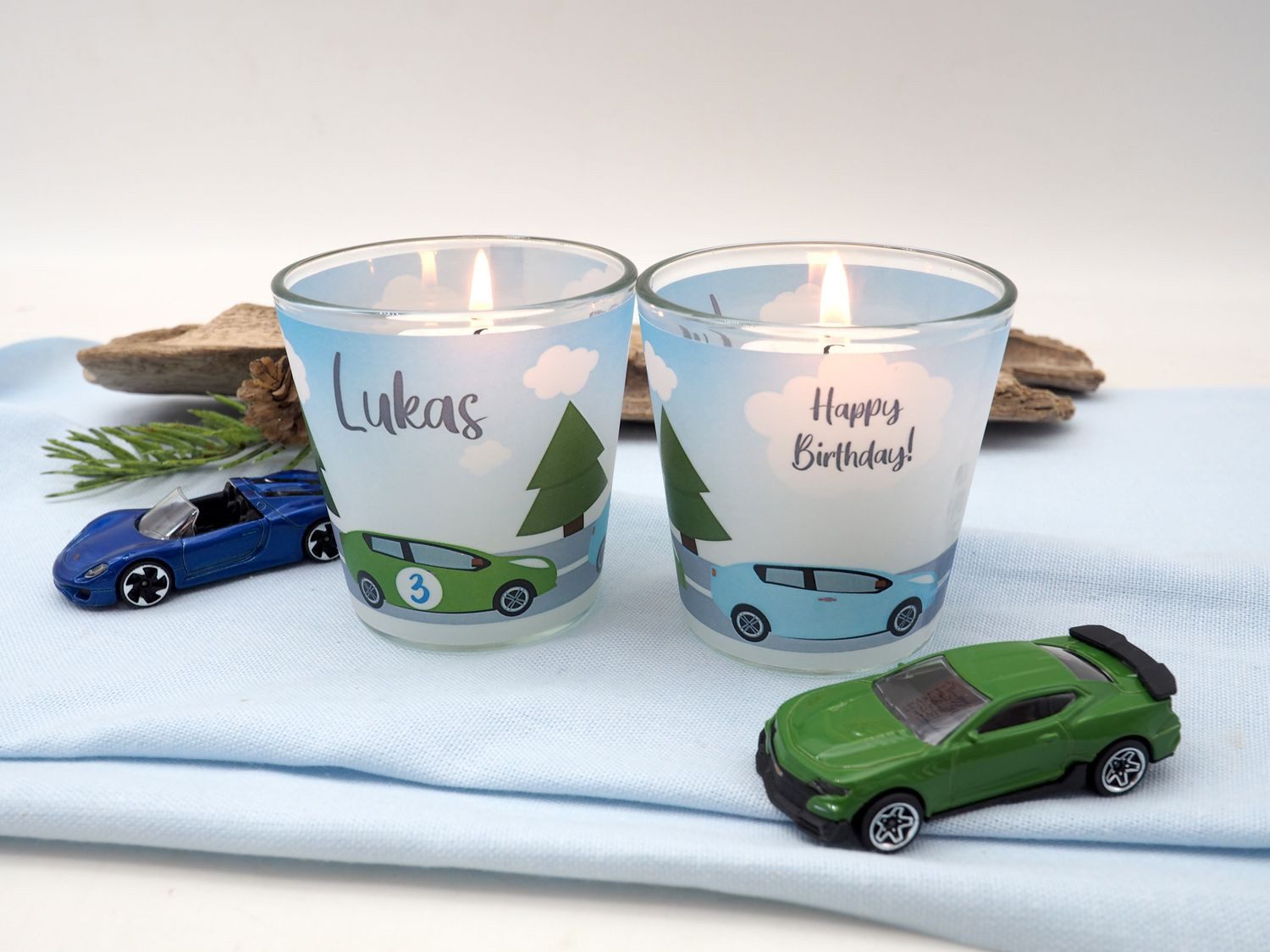 ZauberDeko Windlicht Windlicht Banderole Auto Kinder Geburtstag Kerzenglas MIT NAME 7,5cm H