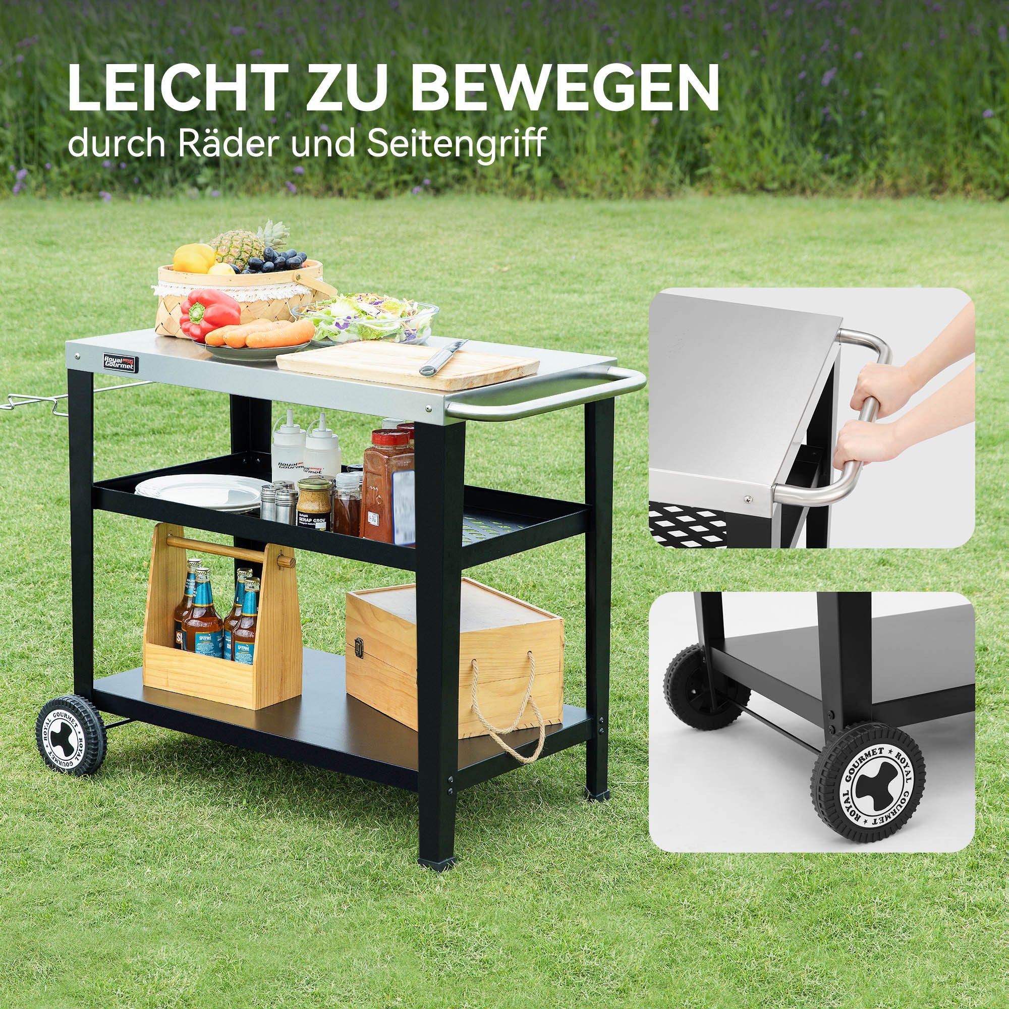Royal Gourmet Grillablagetisch Servierwagen 3-Etagen mit Müllsackhalter Küchenwagen, Edelstahl Beistelltisch Outdoor, 117B x 59T x 81H cm – Bild 5 von 5