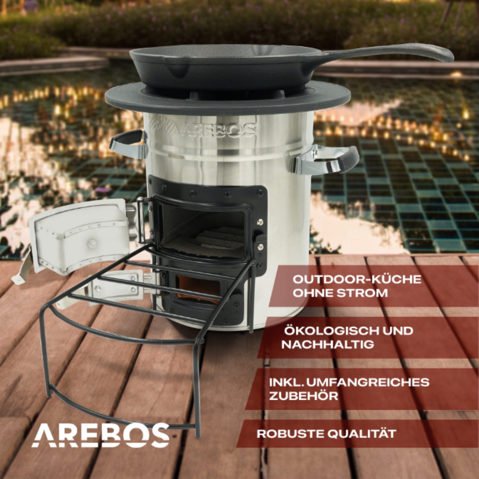 Arebos Fire Pit Rocket Stove incl. Grill Pan Dutch Oven BBQ, (Set), Incl. Carrying Bag, Protective Gloves, Cast Iron Pan & Firewood Rack