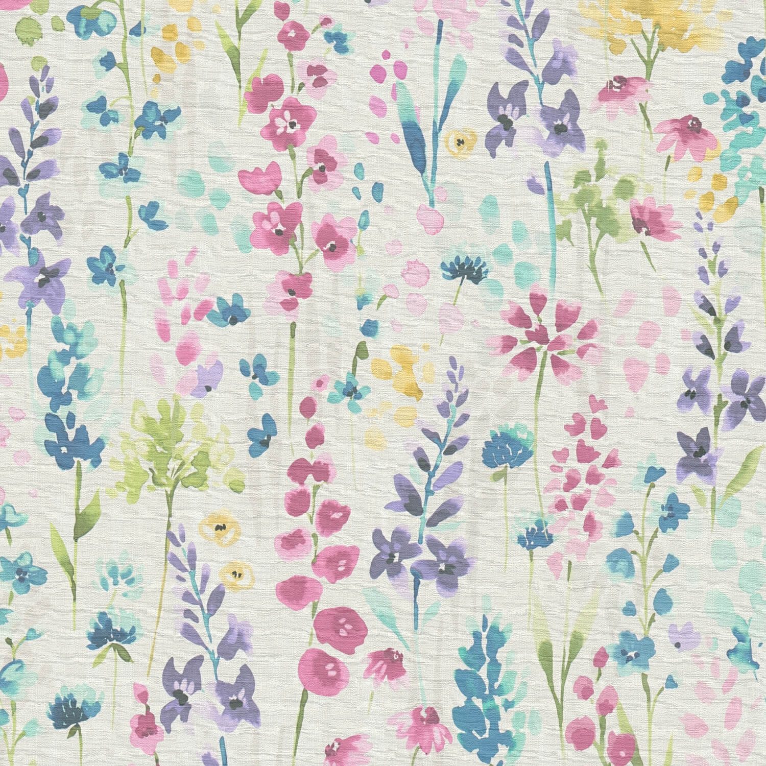 Profhome Vliestapete 396061-GU Blumen Tapete Aquarell-Stil weiß pink violett grün 5,33 m2, leicht strukturiert, matt, (1 Rolle, 5.33 qm), heißgeprägte Vliestapete in weiß