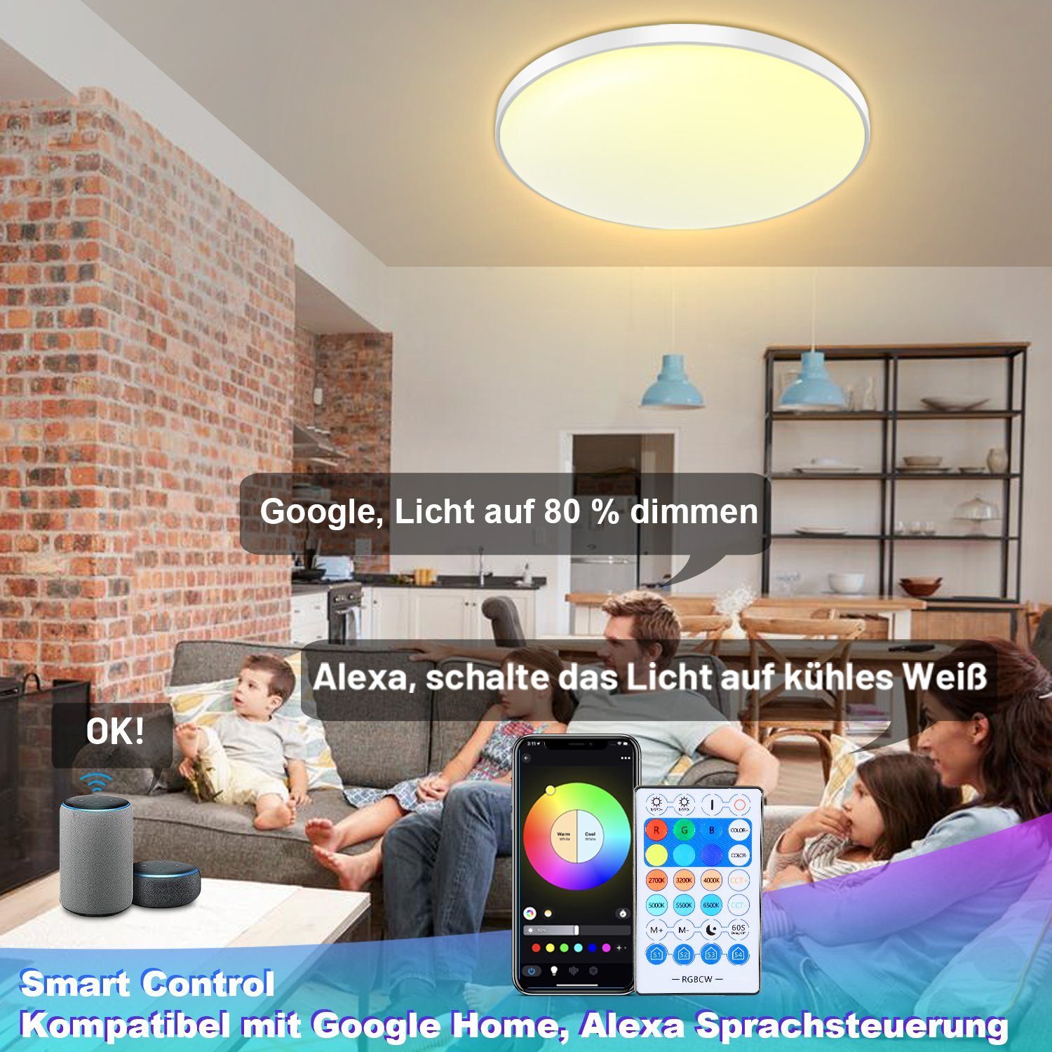 Gimisgu Fernbedienung Deckenleuchte Deckenleuchte mit RGB Wohnzimmer Deckenlampe LED 30W LED