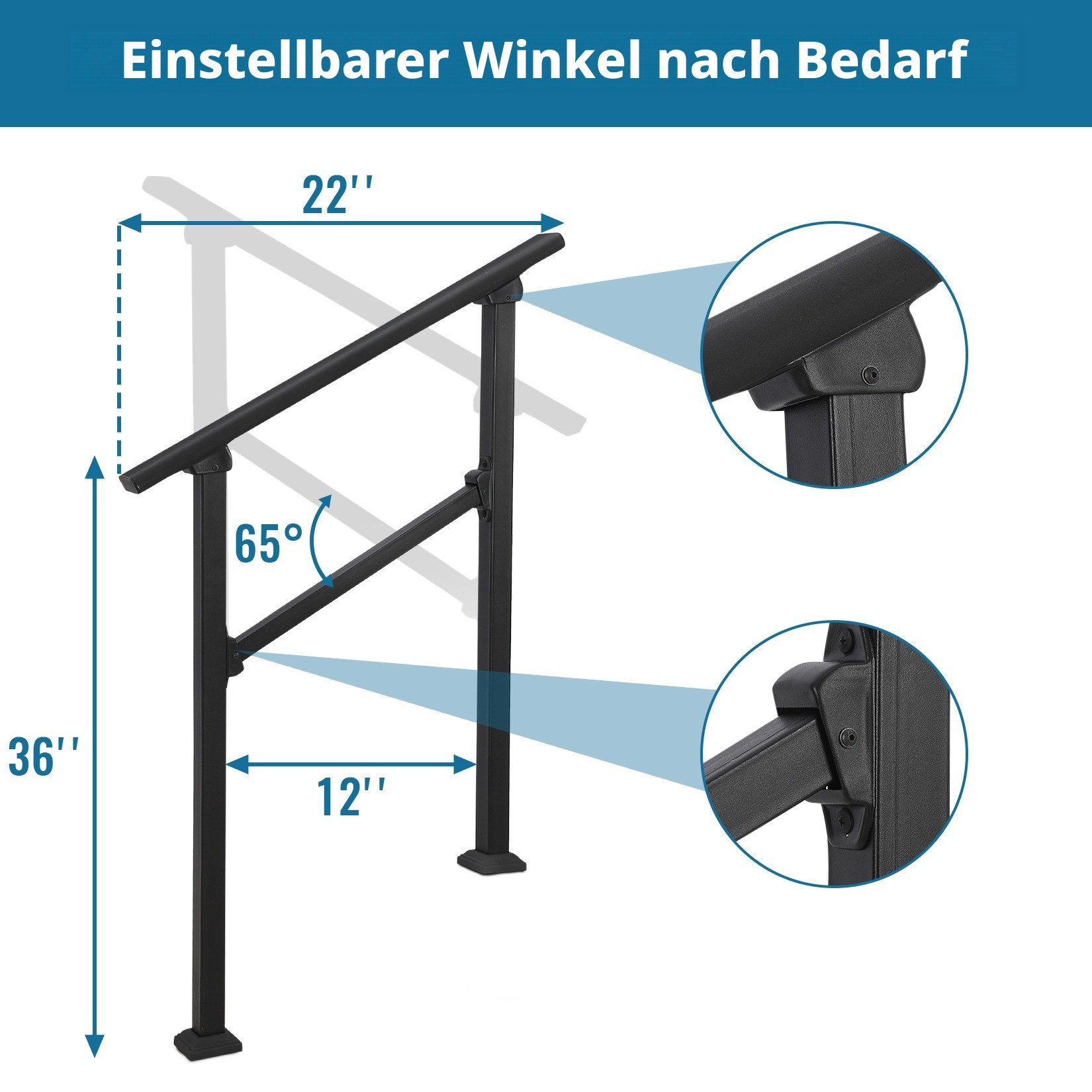 GarveeMore Treppengeländer Stabile Treppenhandläufe aus Aluminium & Eisen mit 2 Stufen, 90 cm Höhe, mit 2 Pfosten, 1-tlg., mit verstellbarer Höhe & Winkel, inkl. Befestigungsmaterial
