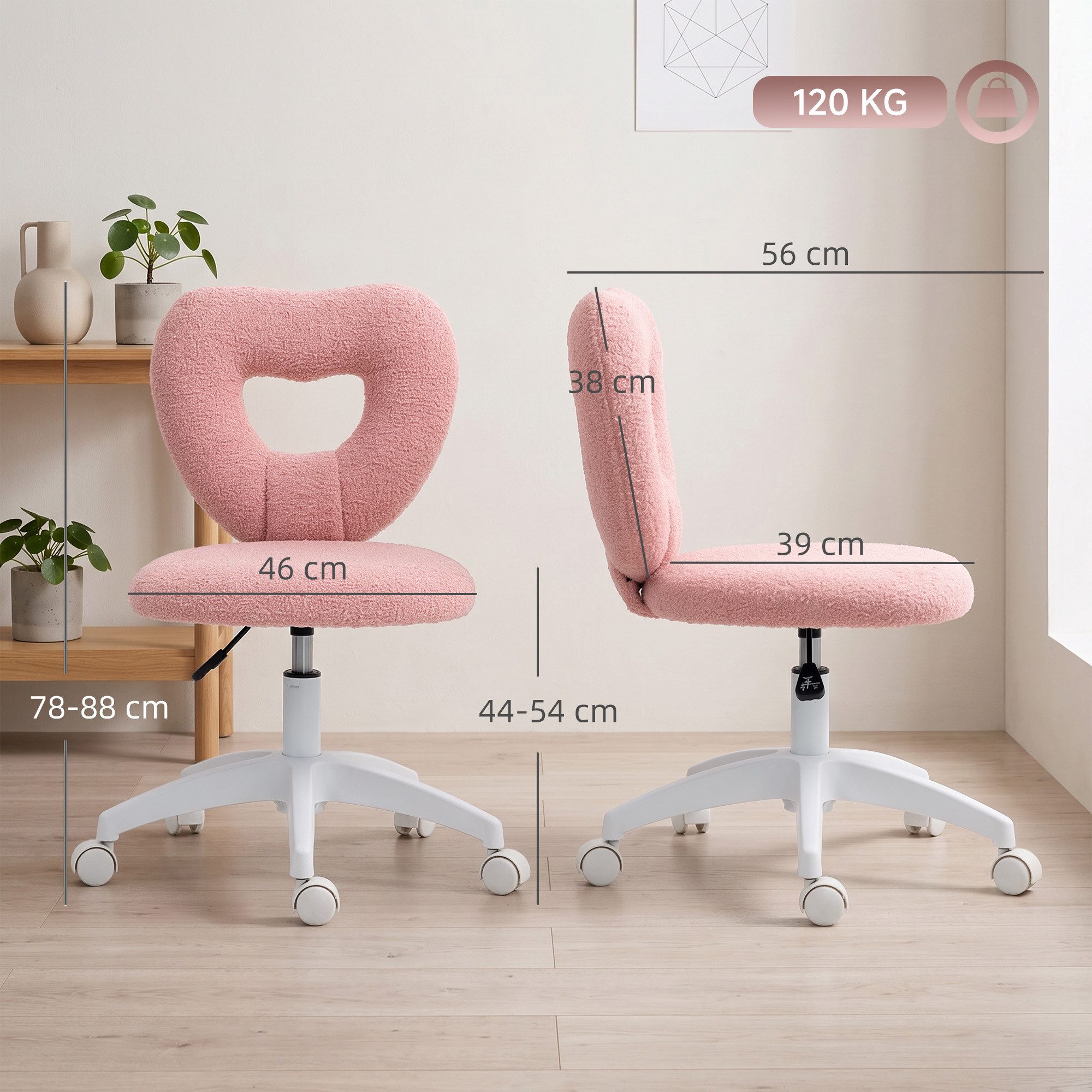 HOMCOM Bürostuhl Schreibtischstuhl Drehstuhl bis 120 kg belastbar Schlafzimmer (Höhenverstellbarer Teddy-Fleece Schminktisch Stuhl, 1 St), für Arbeitszimmer, Rosa