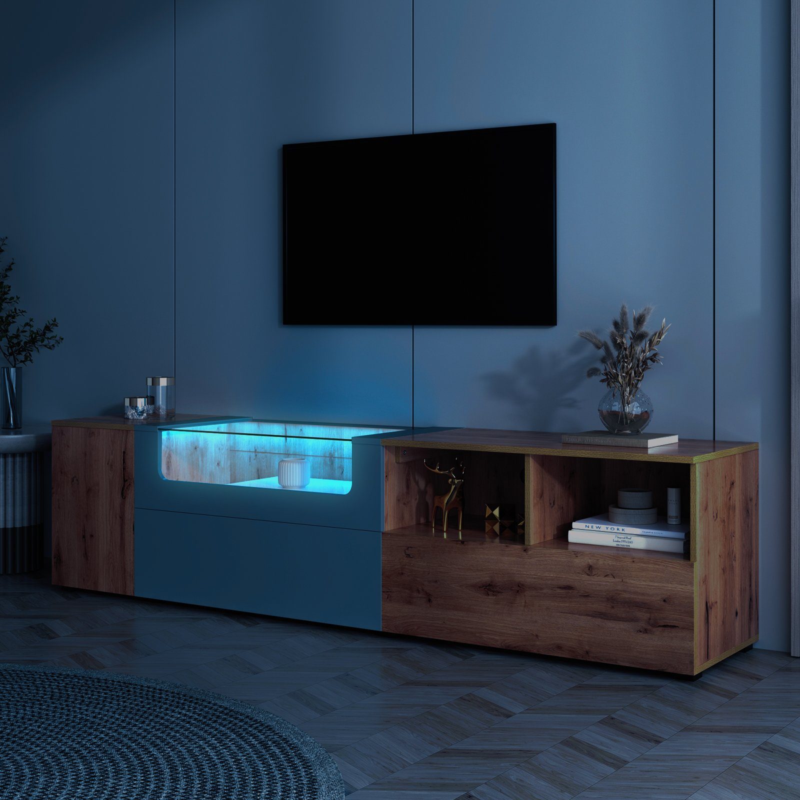 moderner klassischer 190 x KLAM Fernsehschrank Kommode Eicheholzfarbe x 48 Fernseher HOME 40 Wohnzimmer TV-Schrank Lowboard (für Schlafzimmer), holz/hellgrau TV-Board für