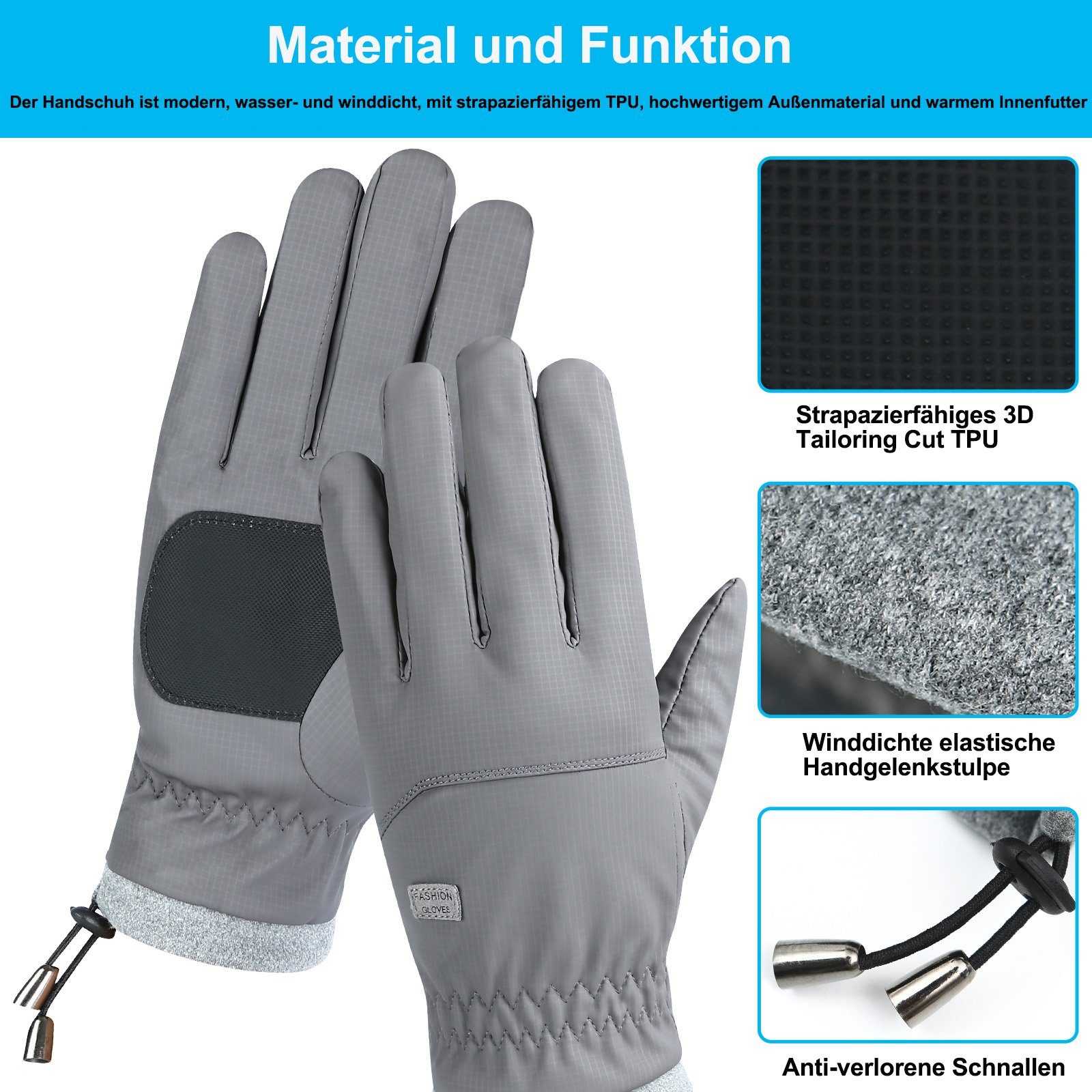 für Grau Radfahren Skihandschuhe Schnee Frauen Outdoor Winter Ski wasserdicht, Rosnek Sport winddicht, Herbst Touchscreen, Männer