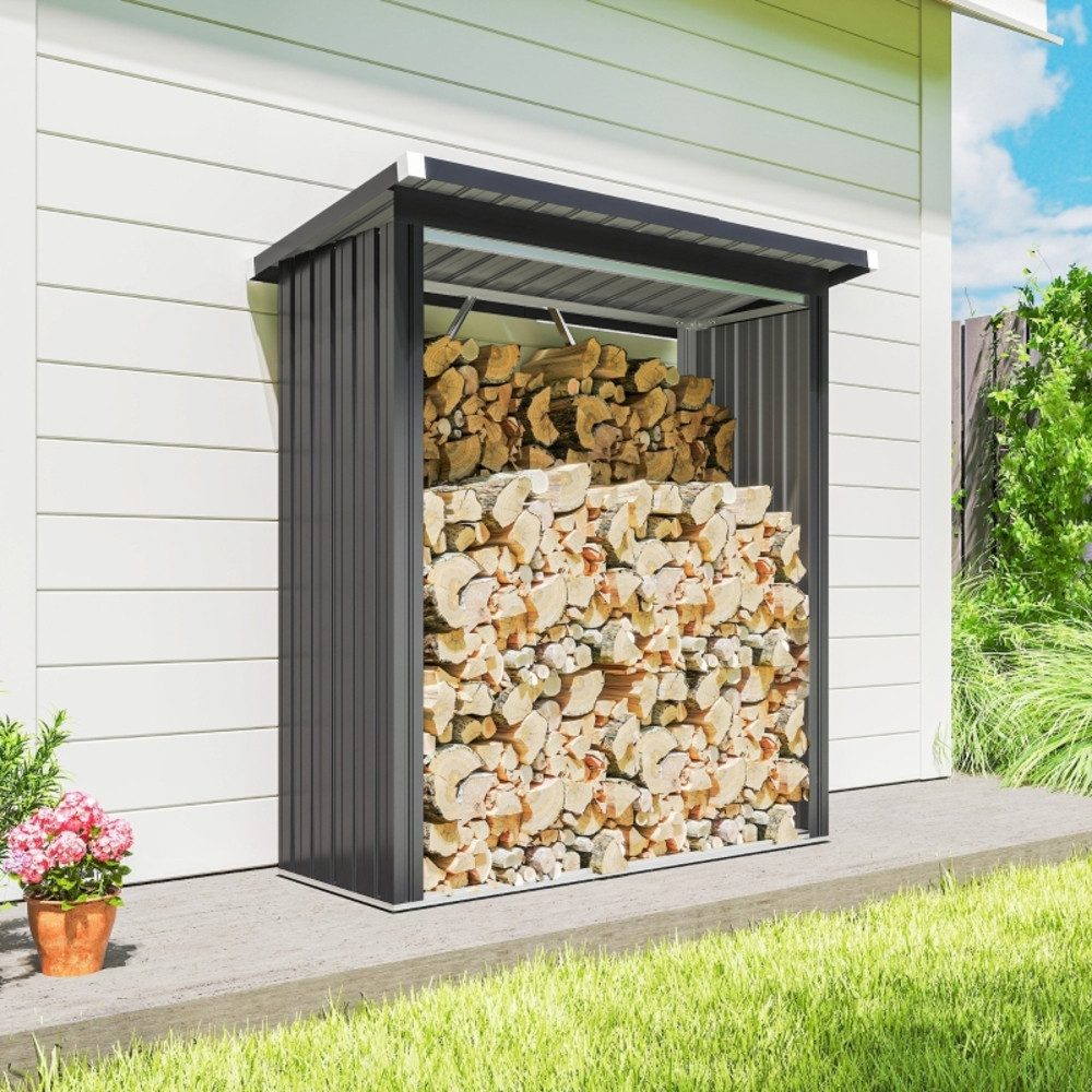 CHICFURN Kaminholzregal Feuerholzunterstand mit erhöhtem Boden & Schrägdach, BxTxH:150x66.5x150 cm, (Packung, 1-St., Brennholzschuppen 150x66,5x150 cm in Dunkelgrau aus Stahl), Praktische Lagerung für Kaminholz auf Terrasse & Garten