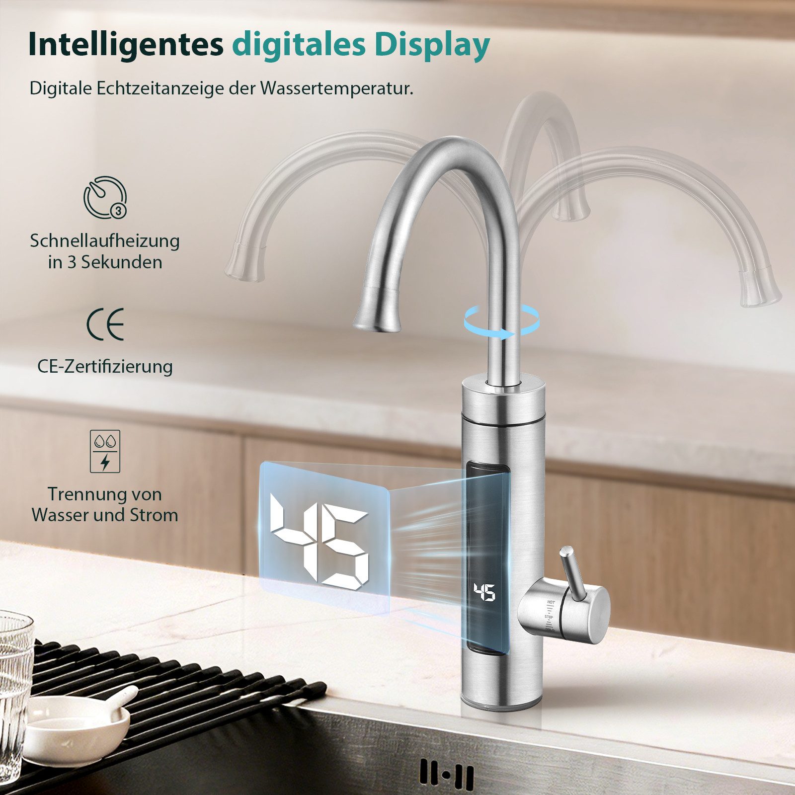 HOMELODY Küchenarmatur Elektrischer Durchlauferhitzer Wasserhahn mit LED Display 3400W Sofort warmes Wasser, Edelstahl, 360° schwenkbarer Auslauf