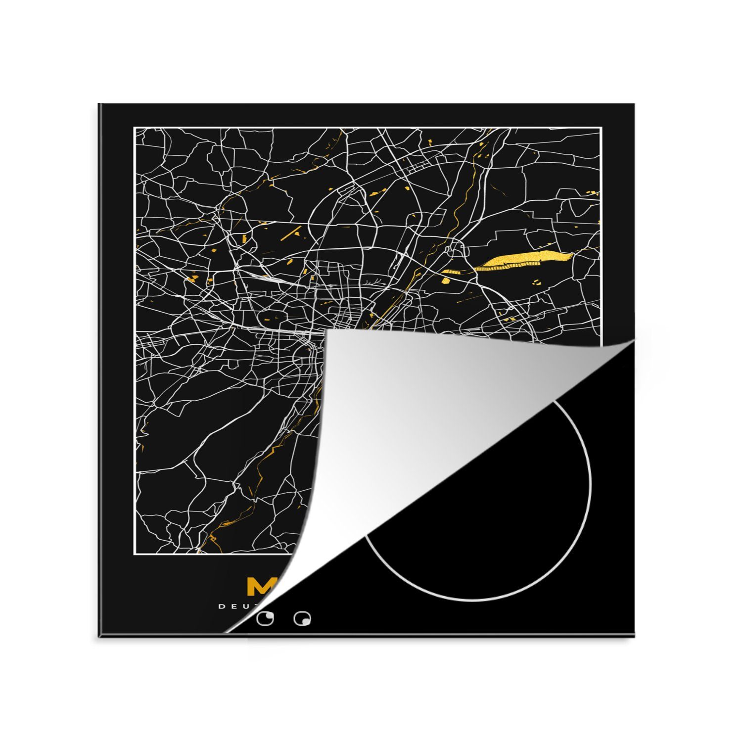 MuchoWow Herdblende-/Abdeckplatte München - Karte - Stadtplan - Gold - Deutschland, Vinyl, (1 tlg), 78x78 cm, Ceranfeldabdeckung, Arbeitsplatte für küche | Herdabdeckplatten