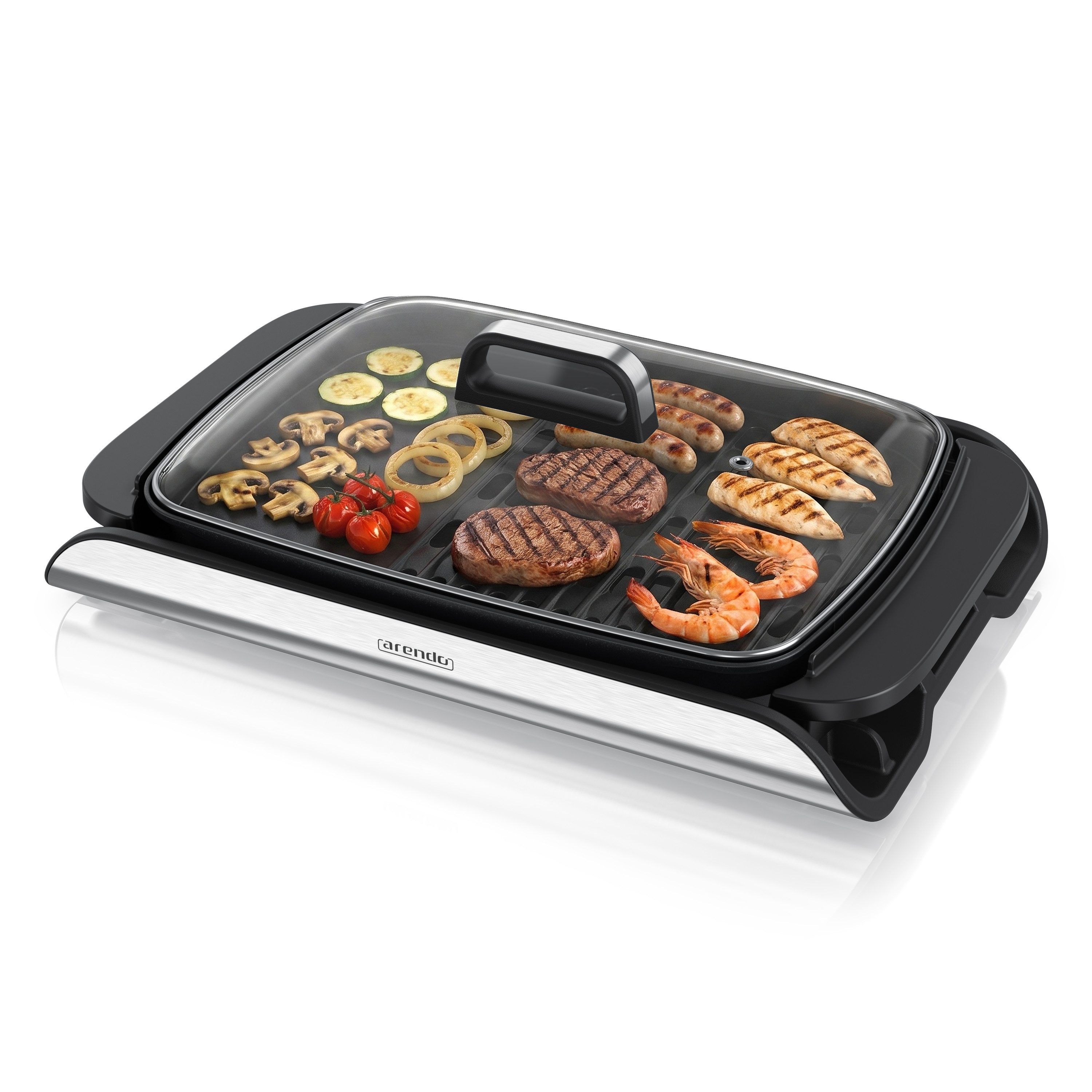 Arendo Tischgrill Elektrogrill, Glasdeckel, Edelstahl, extrastark, Antihaftbeschichtet, 2000 W, stufenlose Temperaturregelung, für Balkon, Garten & Indoor