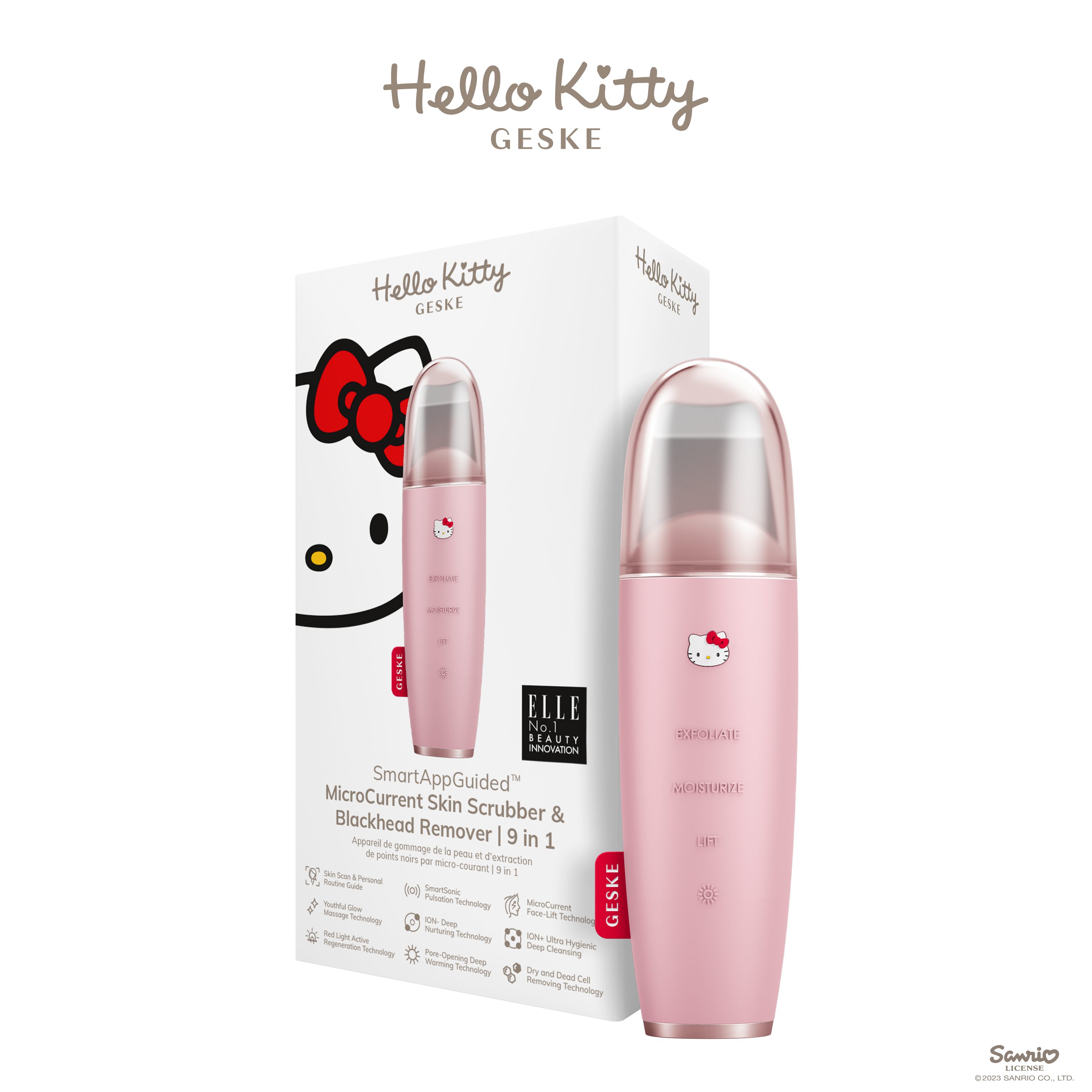 Hello Kitty Mitesserentferner SmartAppGuided™ MicroCurrent Skin Scrubber & Blackhead Remover 9 in 1, Packung (Gerät & USB-Ladekabel), 2-tlg., Gerät inkl. kostenloser APP (SmartAppGuided Device), Mit der GESKE App erhältst Du deine personalisierte Hautpflegeroutine. Hello Kitty Pink
