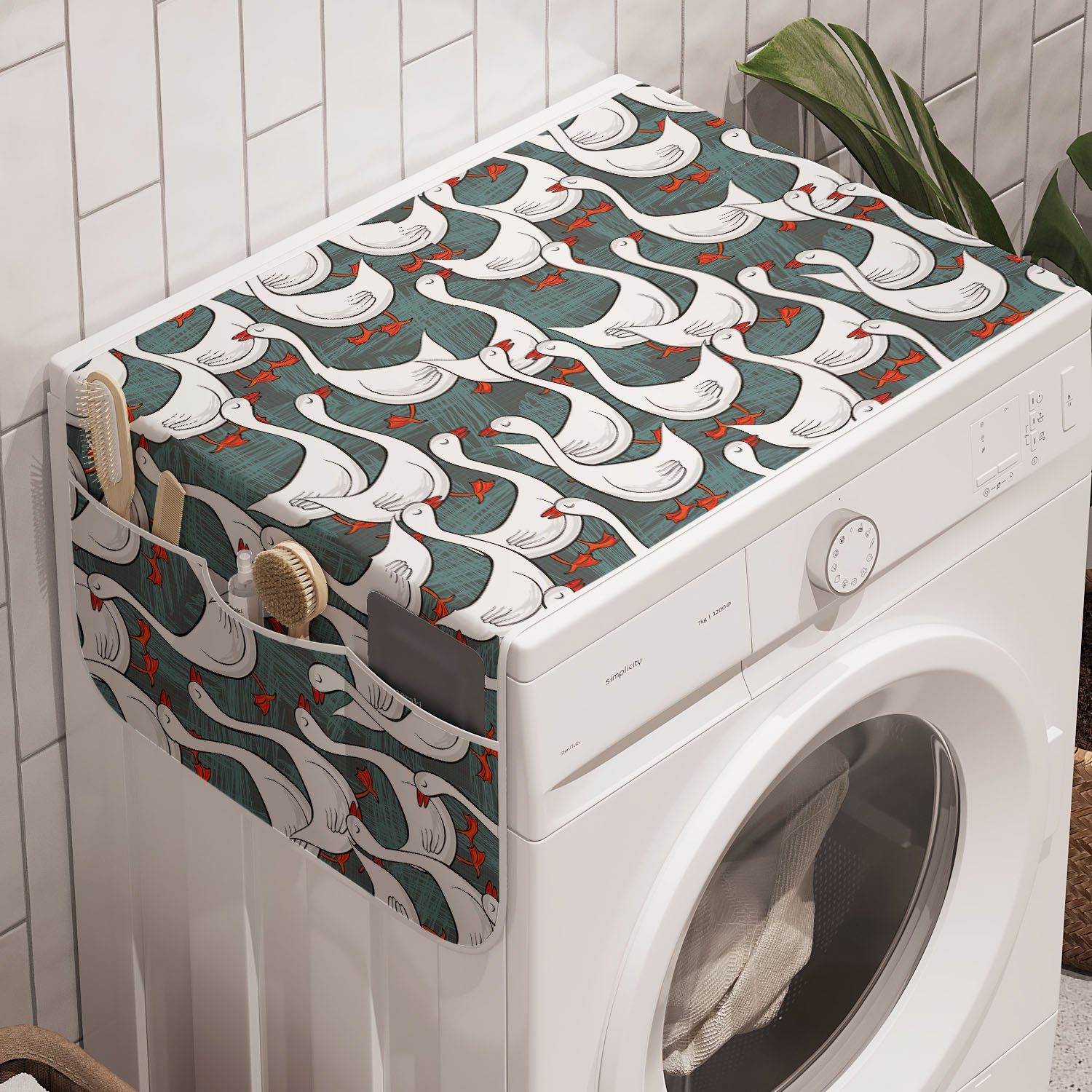 Abakuhaus Badorganizer Anti-Rutsch-Stoffabdeckung für Waschmaschine und Trockner, Gänse Glückliche Weißen Vögel auf Free