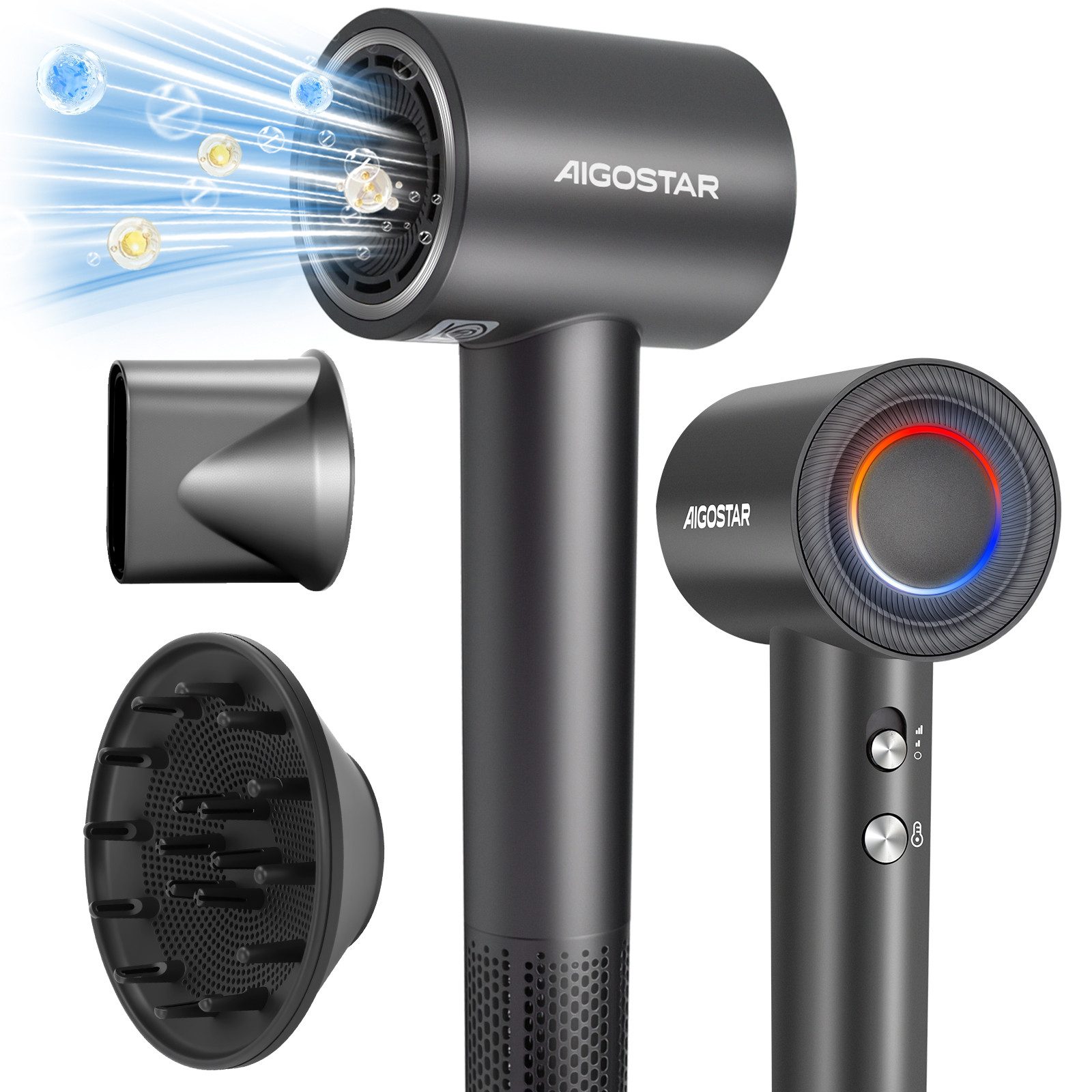Aigostar Ionic-Haartrockner Hochgeschwindigkeit Haartrockner, 200 Millionen Negative Ionen Föhn, 1600,00 W, Negativ-Ionen-Technologie, Ambiente-Beleuchtung, Diffusor-Düsen