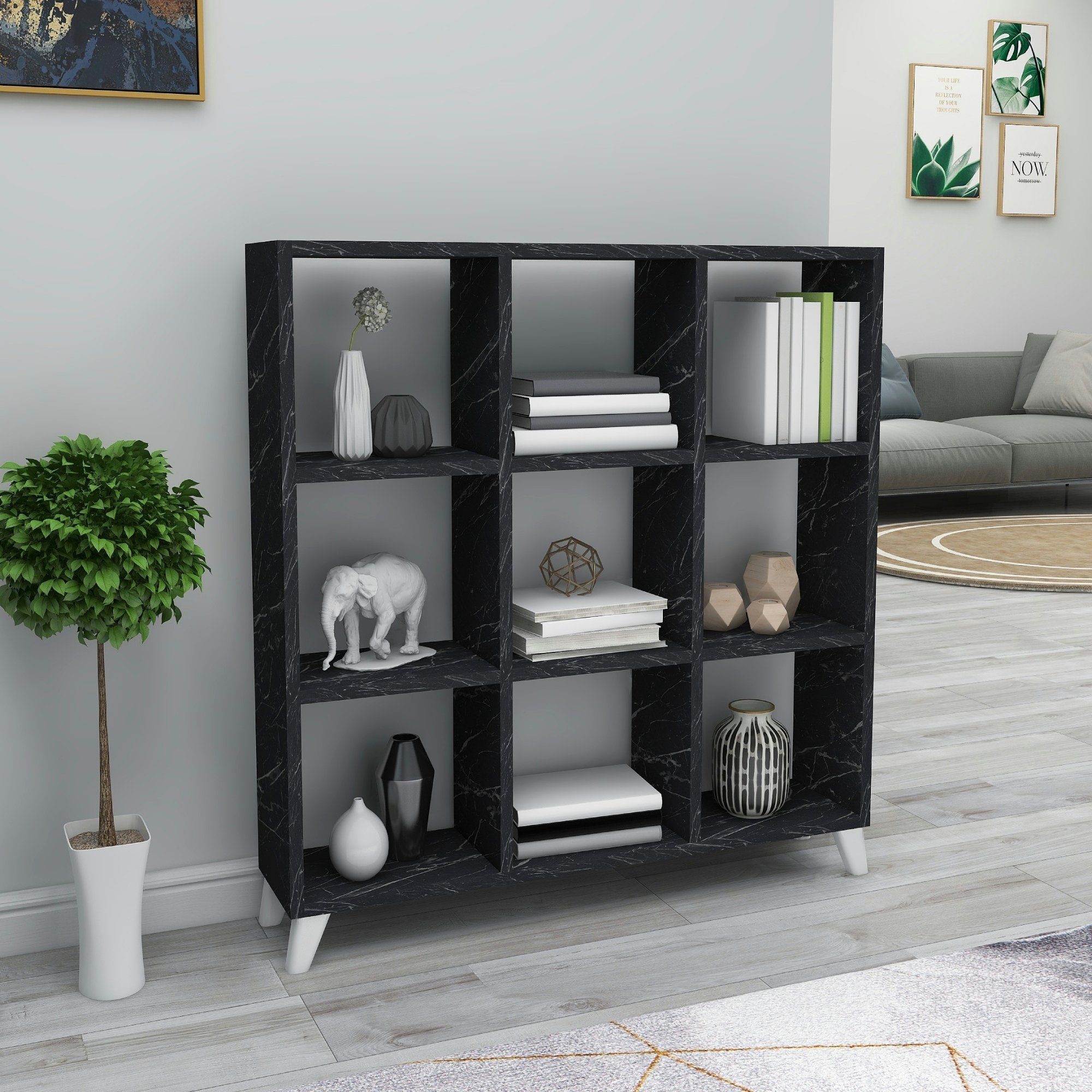 Bücherregal en.casa Svedala Standregal, 9 88x88x20cm, Fächer, schwarz Marmor-Optik,