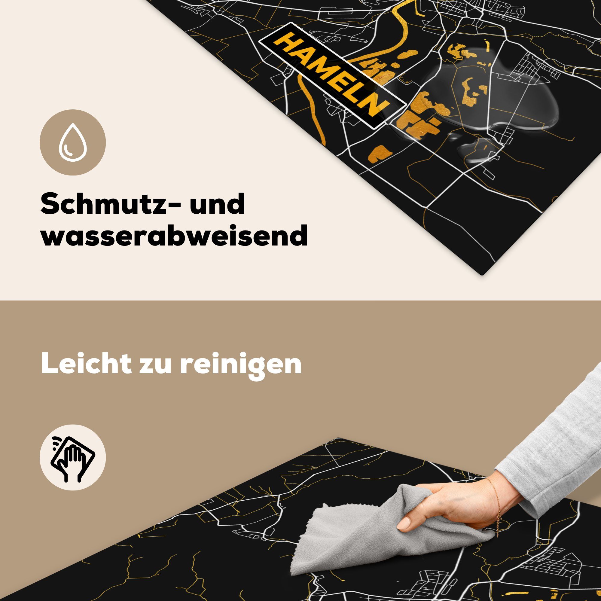 MuchoWow Herdblende-/Abdeckplatte Karte - Hameln 78x78 - Stadtplan Vinyl, (1 - Arbeitsplatte für Ceranfeldabdeckung, cm, - küche tlg), Deutschland, Gold