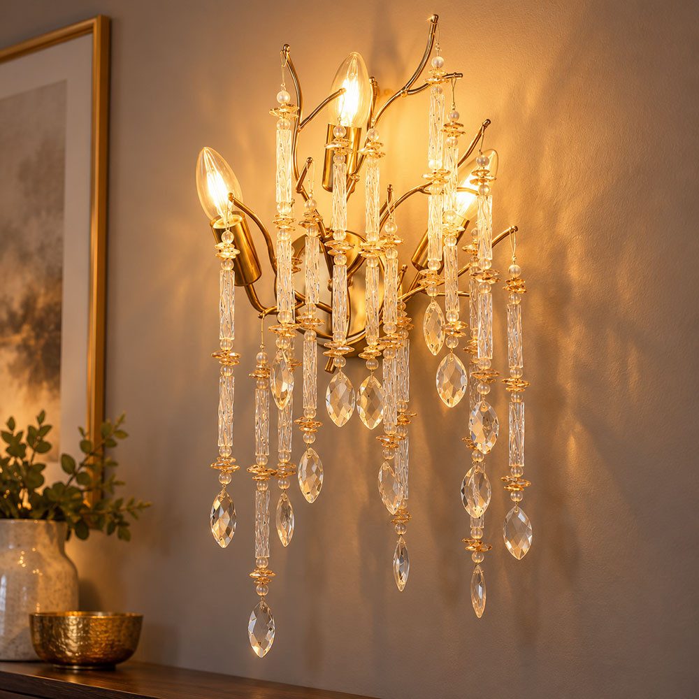 GLOBO LIGHTING Wandleuchte, Leuchtmittel nicht inklusive, Wandleuchte Metall goldfarben matt Glaskristalle 3-flammig H 50 cm