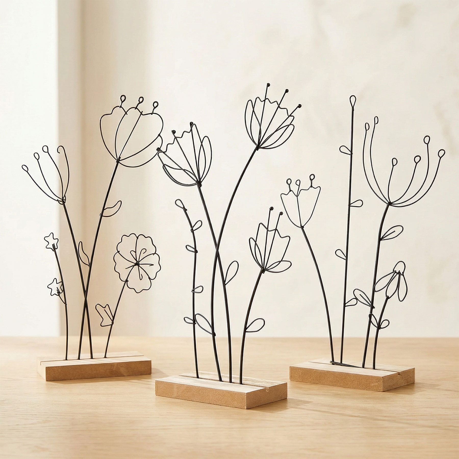 Levandeo® Dekoobjekt, 3er Set Aufsteller Blume Metall MDF Schwarz Natur Draht Deko