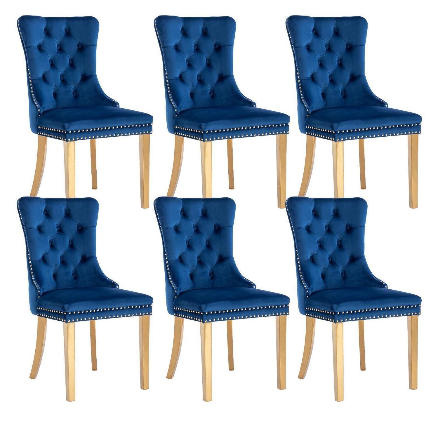 LuxusKollektion Esszimmerstuhl Esszimmerstühle Polster Samt Blau (Goldene Edelstahlbeine) 6er-Set