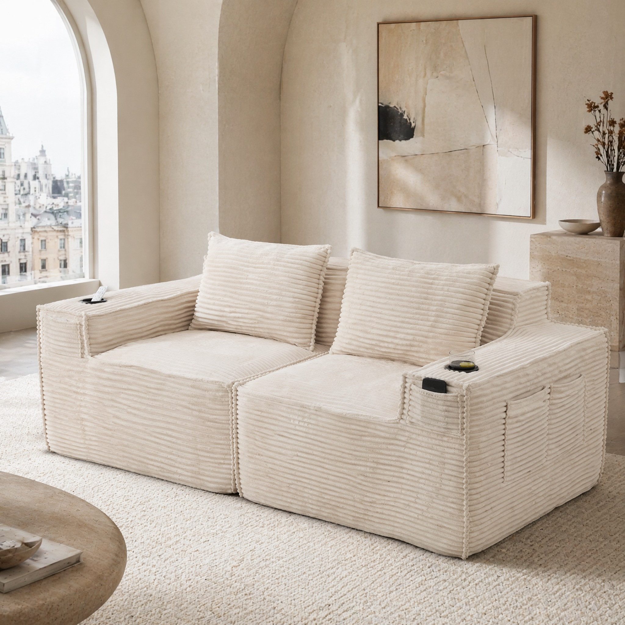 OKWISH Sofa Loungesofa, Modulares 2-Sitzer-Cordsofa mit Federkern und hochdichtem Schaumstoff, integriertem Getränkehalter und Seitentaschen, Loungesofa