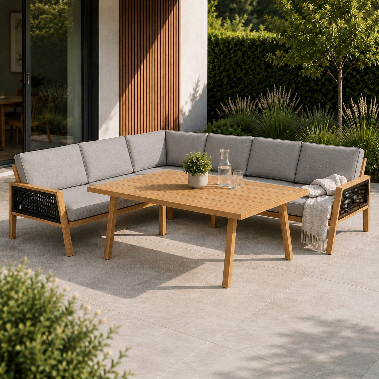 Greemotion Gartenlounge-Set Monaco Lounge-Set Grau-Holz / Beige inkl. Auflagen & Tisch, (5-tlg)