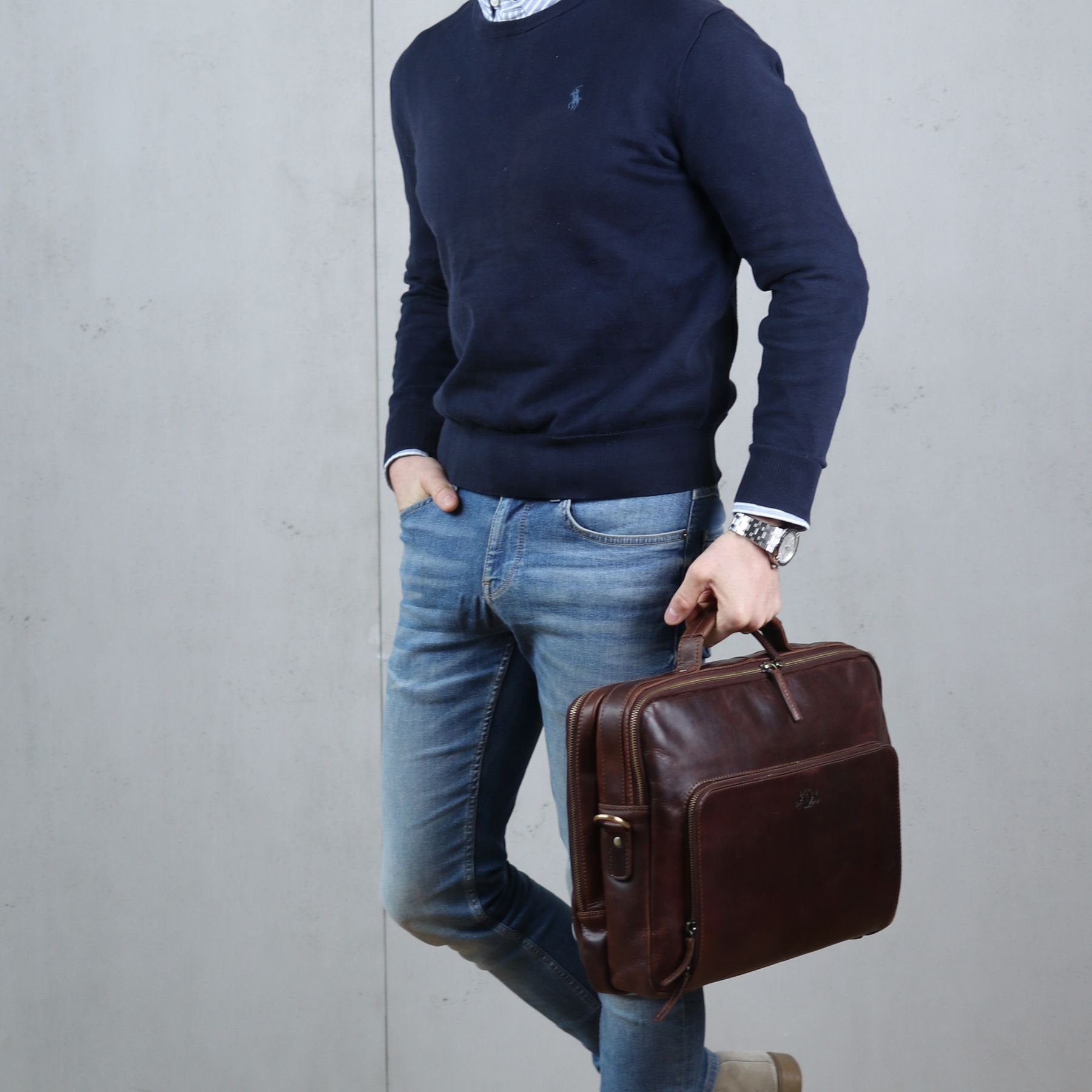 SID & VAIN Umhängetasche echt Leder Aktentasche 15 Zoll Laptop-Hülle braun, Laptoptasche 15,4 Zoll, Arbeitstasche Umhängetasche Damen Herren braun
