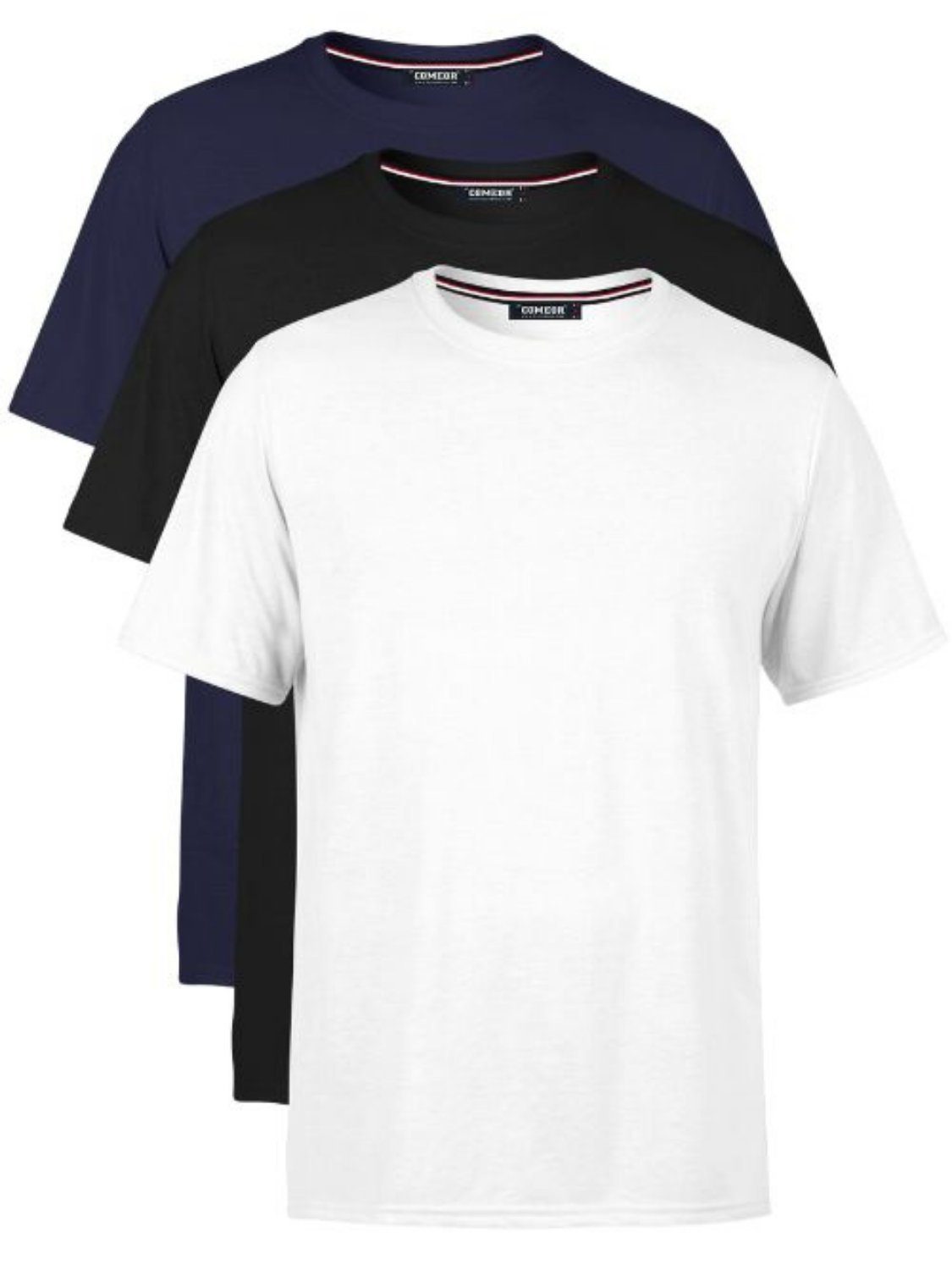 Baumwolle Basic T-Shirts Schwarz-Weiß-Dunkelblau Herren Ärmel Abschluss (Packung, 3-tlg) mit COMEOR gerader T-Shirt