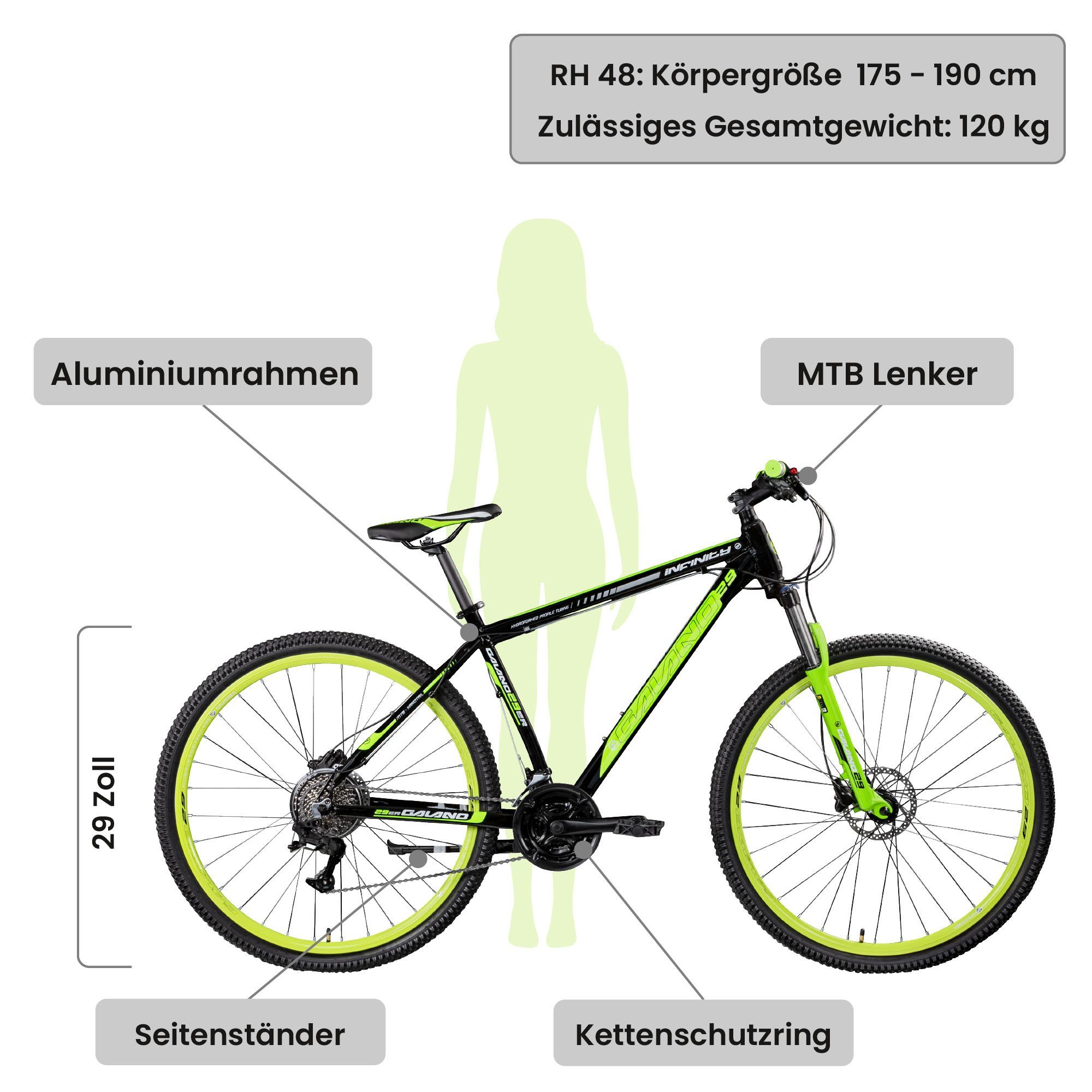 190 schwarz/grün MTB für Zoll Mountainbike und Kettenschaltung, - Hardtail cm 24 29 Mountainbike 175 Galano Damen Gang, Infinity, Herren