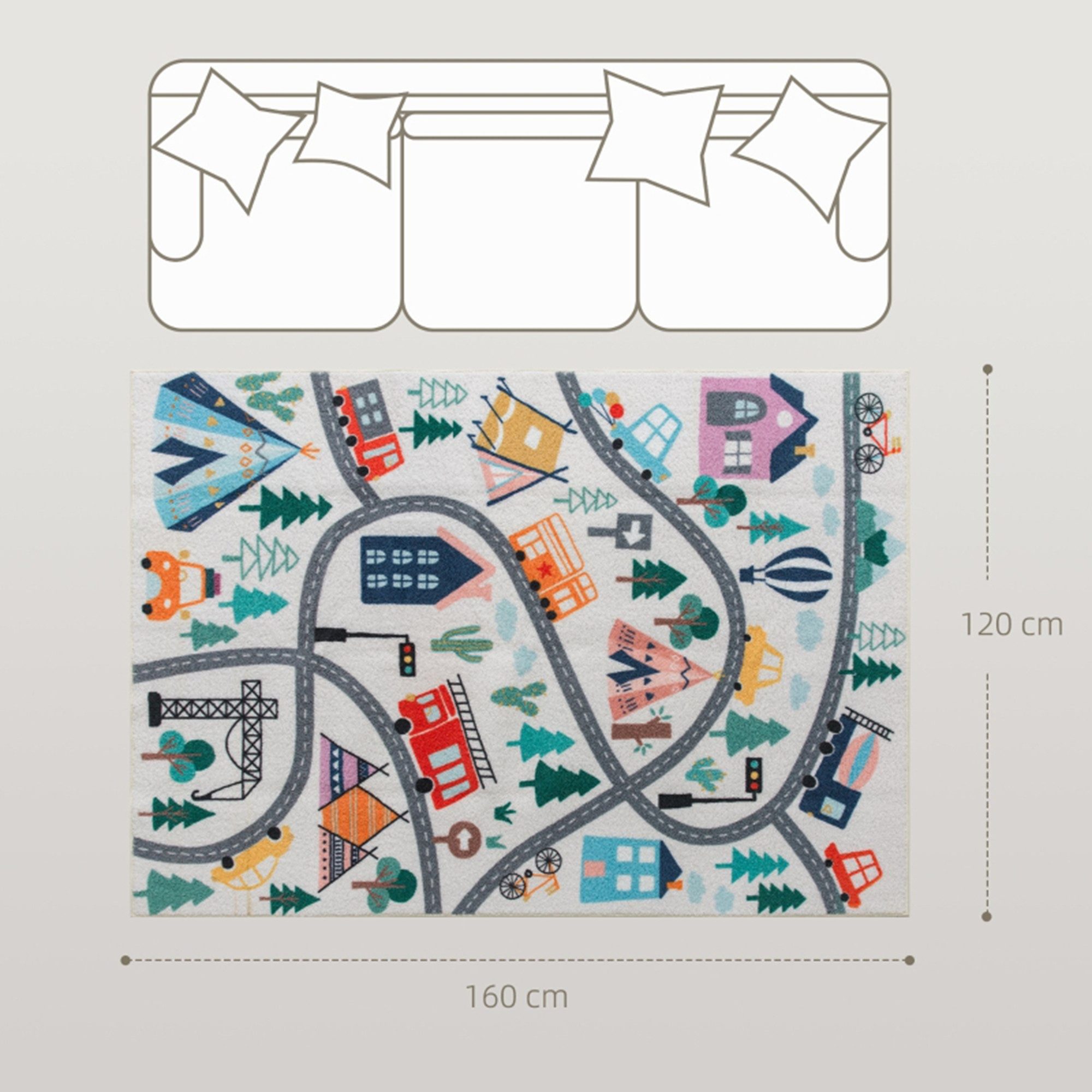 MC Star Teppich mit Autobahn-Muster, weißer Hintergrund, weiches Fleece, pflegeleicht, Bunt