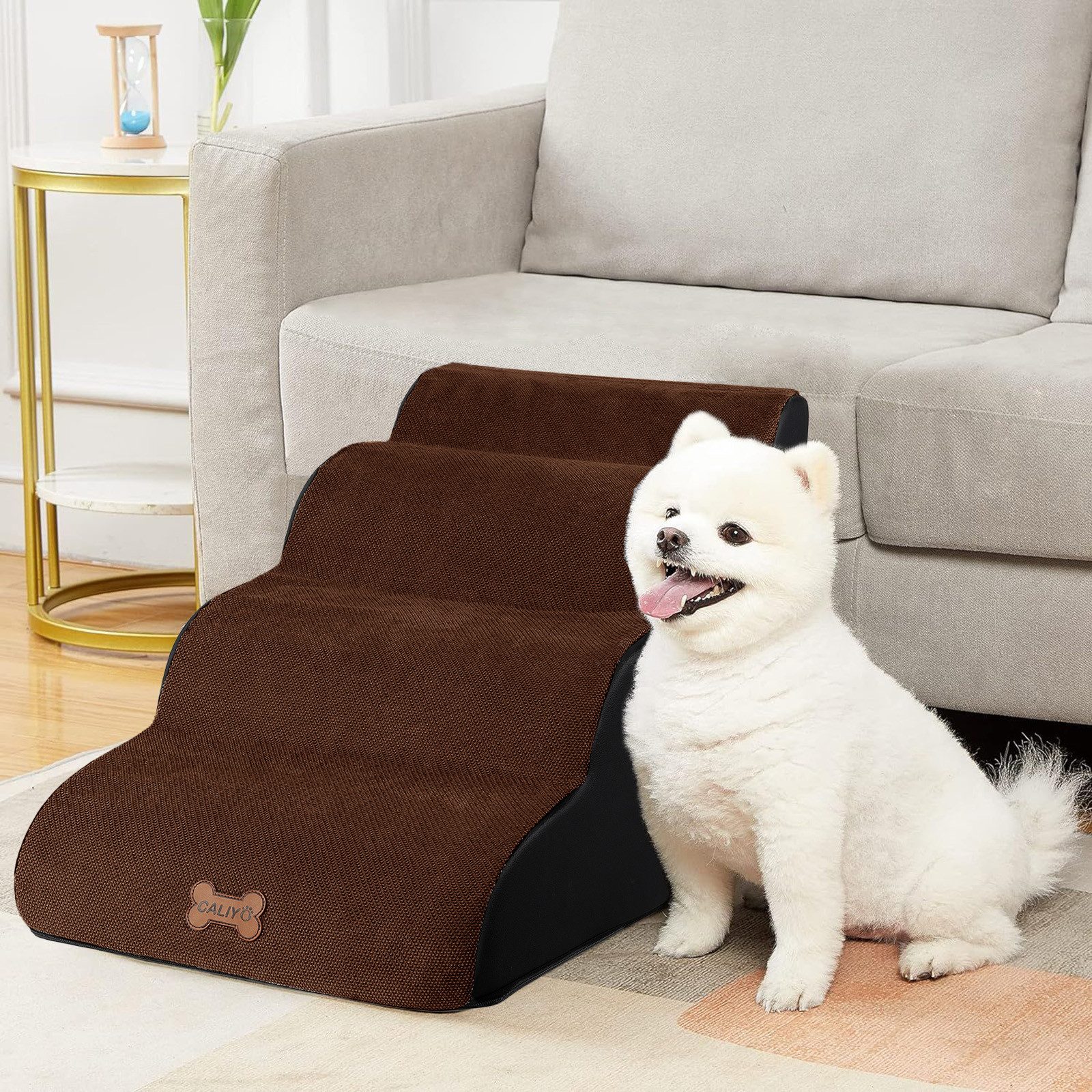 CALIYO Hunderampe Hundetreppe 3 Schichten Haustiertreppe Hundetreppe Katzentreppe, für Kleine Hunde Welpe Katzen aus Sofa Bett rutschfest
