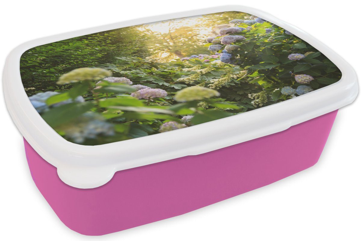MuchoWow Lunchbox Gelbe Hortensien im Snackbox, Kunststoff, (2-tlg), Kinder, rosa Mädchen, Garten, Kunststoff Brotbox Erwachsene, Brotdose für