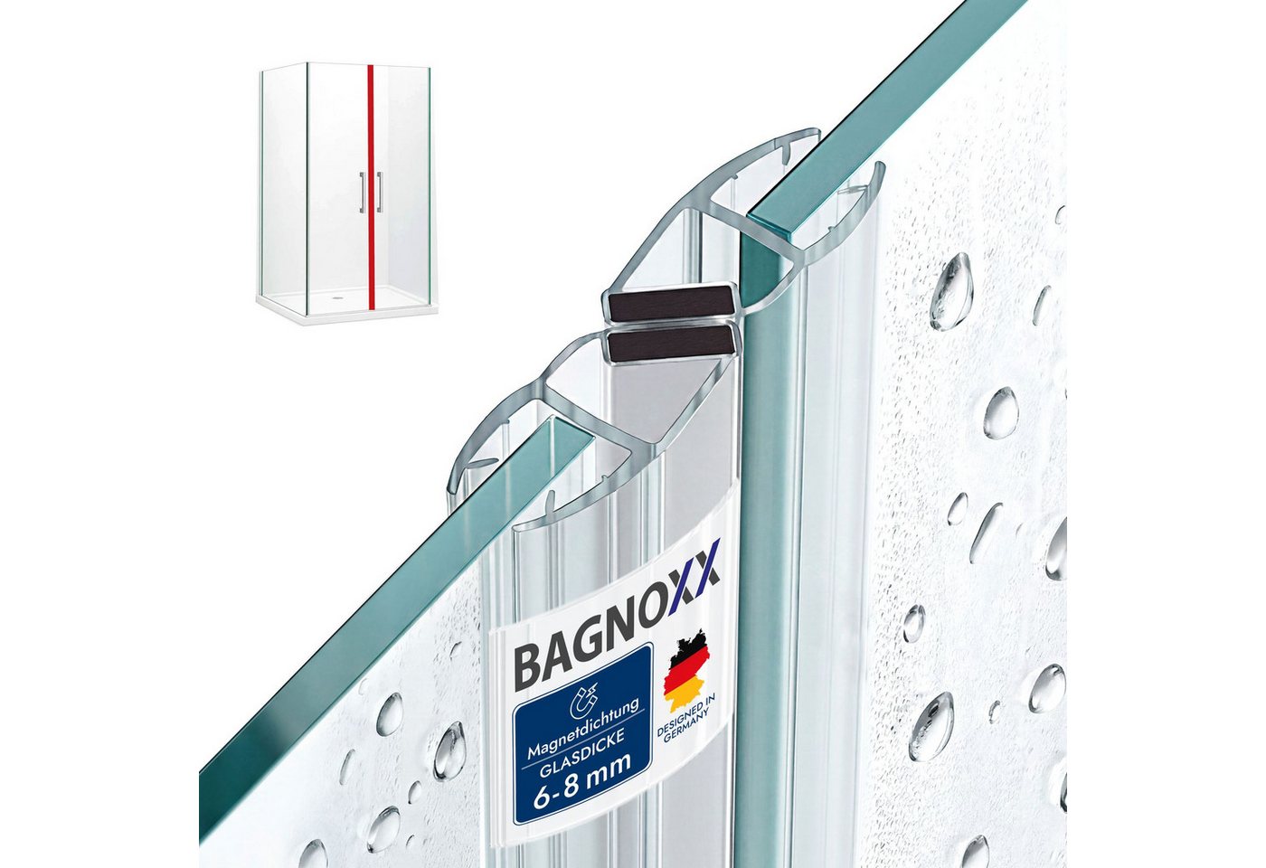 Bagnoxx Duschdichtung, L: 200 cm, (Duschdichtung Magnetdichtung für Duschtüren, 200cm, 2-teilig, 1-St), Schließwinkel von 90 & 180 Grad, Schiebetür, einseitige Öffnung