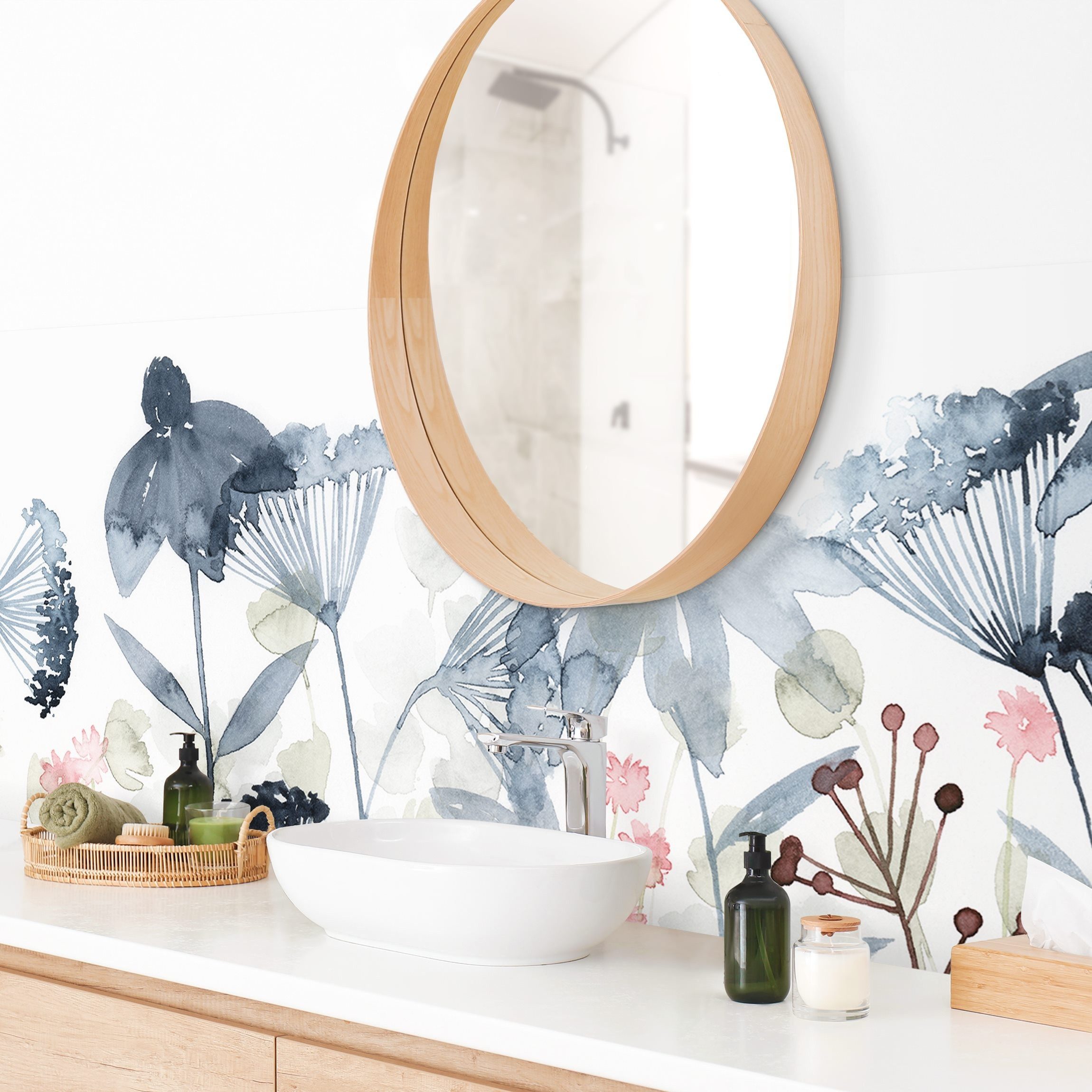 Bilderdepot24 Badrückwand weiss fugenlose Wandverkleidung Bad Landhaus, (Hartfolie matt » Selbstklebend SMART 0,35 mm), wasserfestes Wandpaneel Wildblumen Aquarell I