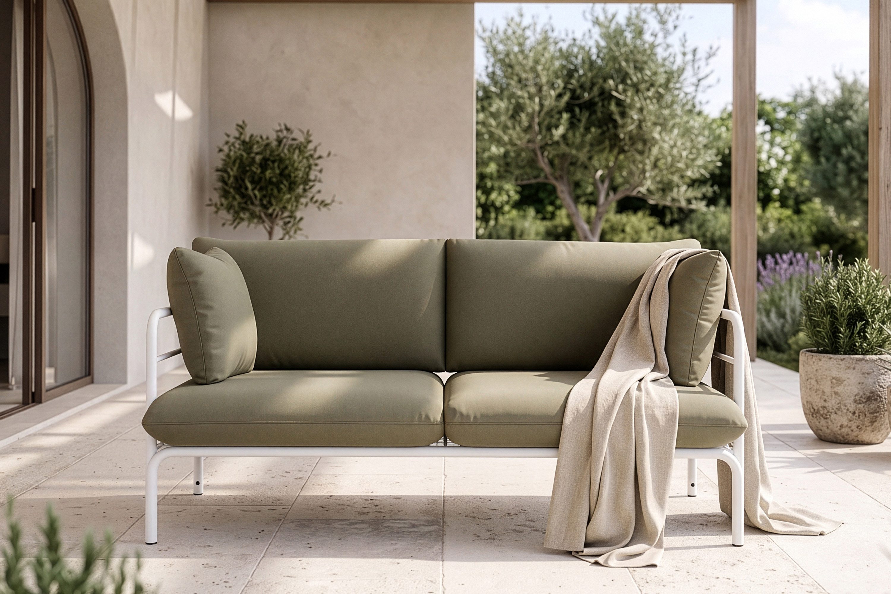 KONSIMO® Loungesofa RAMBE Sofa 2-Personen, Superrobuste Bezugsstoffe, Gartensofa, lackierter Stahlrahmen, hergestellt in der EU