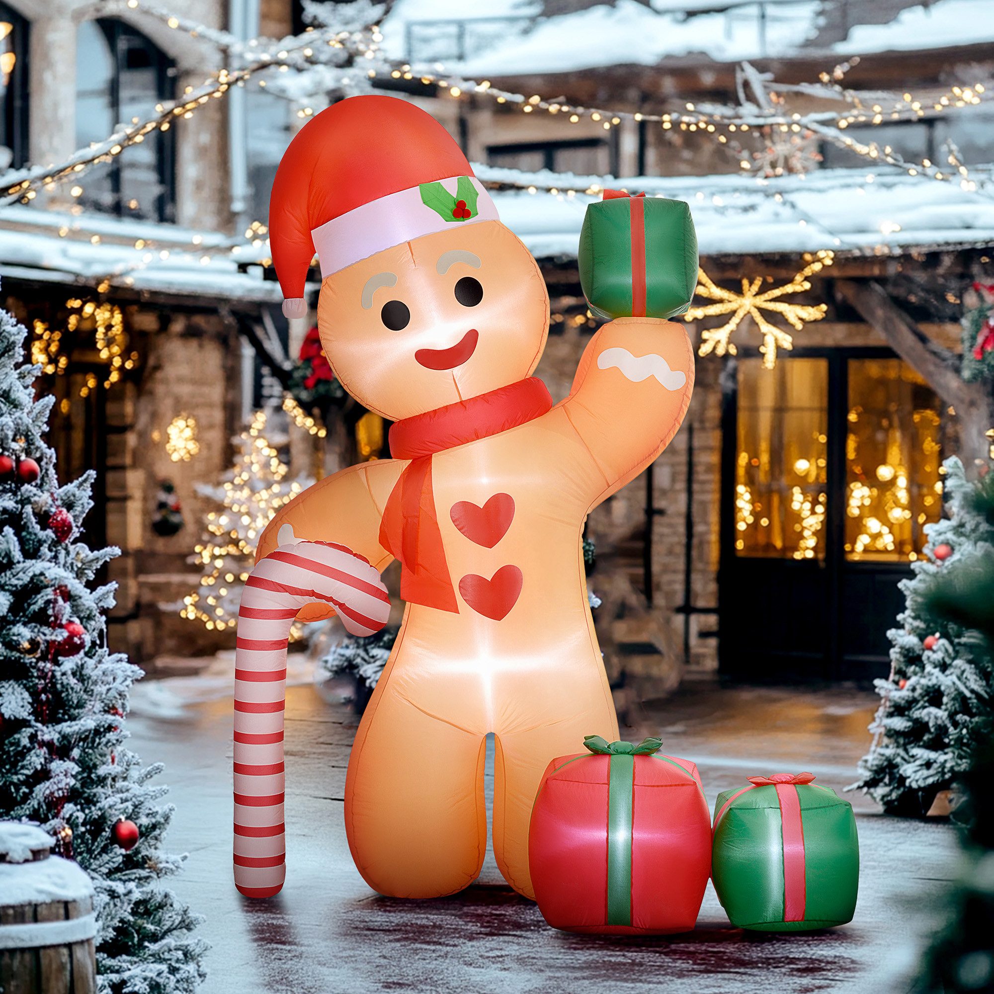 Outsunny Weihnachtsfigur Aufblasbare Outdoor Lebkuchenmann Deko mit LED & Zuckerstange (Weihnachtsbeleuchtung, 1 St., Weihnachtsdekoration), Wetterfest Gartendeko für Innen- & Außenbereich