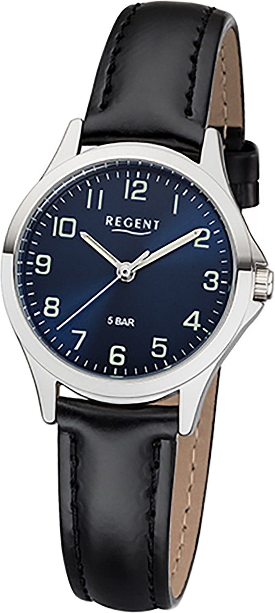 Regent Quarzuhr Regent Leder Damen Uhr 2112417 Analog, Damenuhr Lederarmband schwarz, rundes Gehäuse, klein (ca. 29mm)