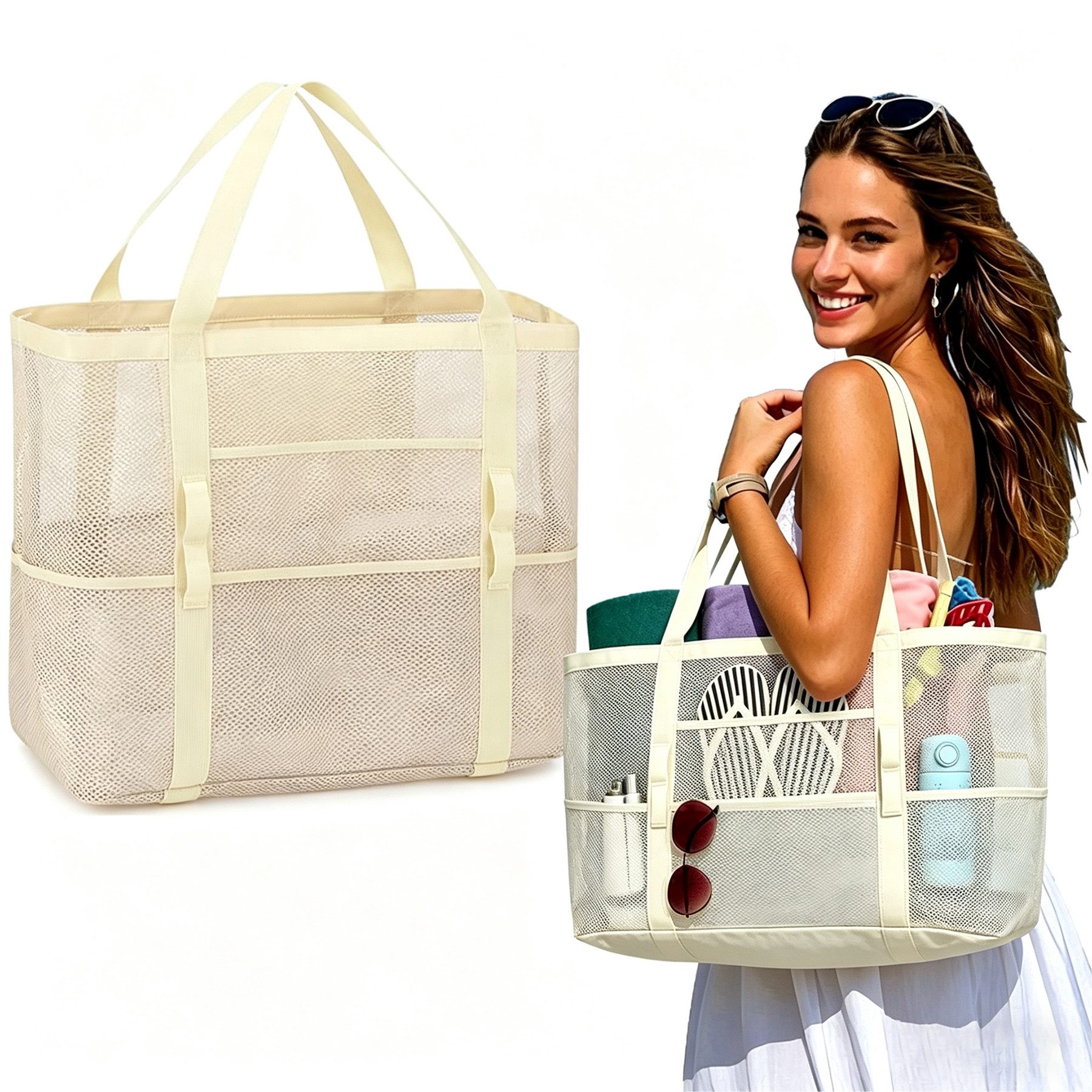 Mutig Strandtasche Xl Netz-Strandtasche Damen, Faltbar Beach Bags mit 9-Taschen (Kann als Einkaufstasche, Reisetasche und Pooltasche verwendet werden, Leichte Mesh Strandtasche Korb,Badetasche Klein,Shopper für Frauen), Große Tote Bag für Strand, Reisen, Einkaufen, Picknick und Alltag