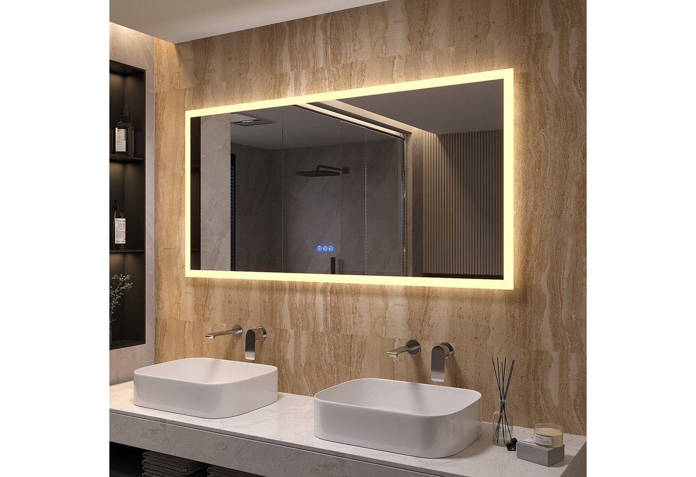 Thumbnail - AQUALAVOS Badspiegel LED Spiegel 140x70 cm Touch Badezimmerspiegel Beschlagfrei Wandspiegel, mit 6400K Kaltweiß/ 3000K W...