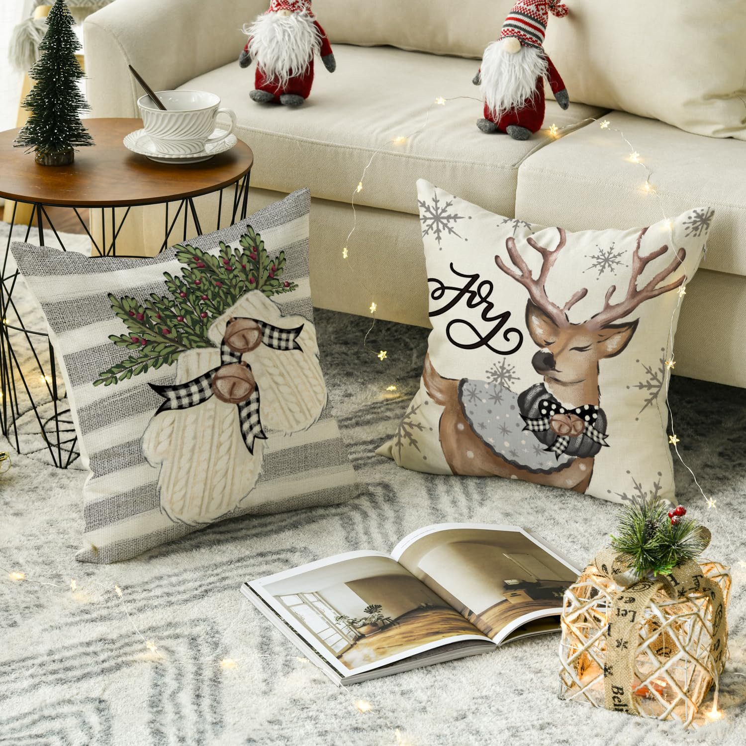 FOUORTUNATE-BEE Kissenbezüge 4er Set Weihnachten Kissenbezüge Winter Zierkissenbezug, Schneemann Rentier Handschuhe Holly Büffel Plaid – Bild 4 von 5