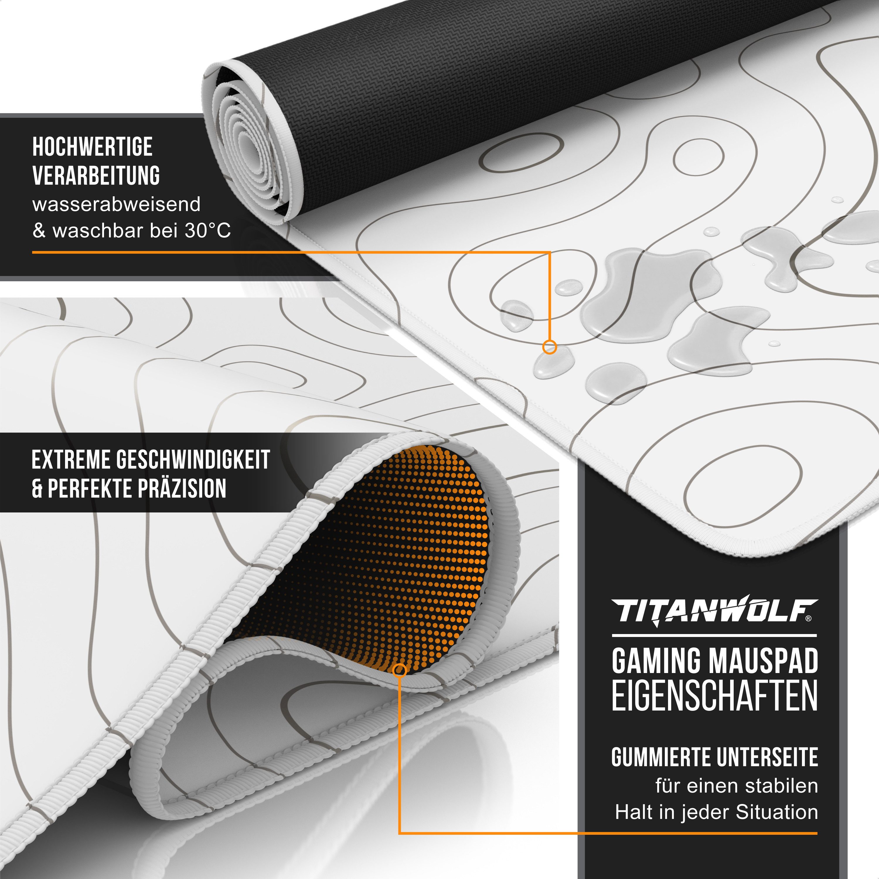 Titanwolf Gaming Mauspad XXL Speed Mousepad 900 x 400 x 3 mm, Schreibtischauflage, abwaschbar, rutschfeste Rückseite, Geschwindigkeit & Präzision, Topography white