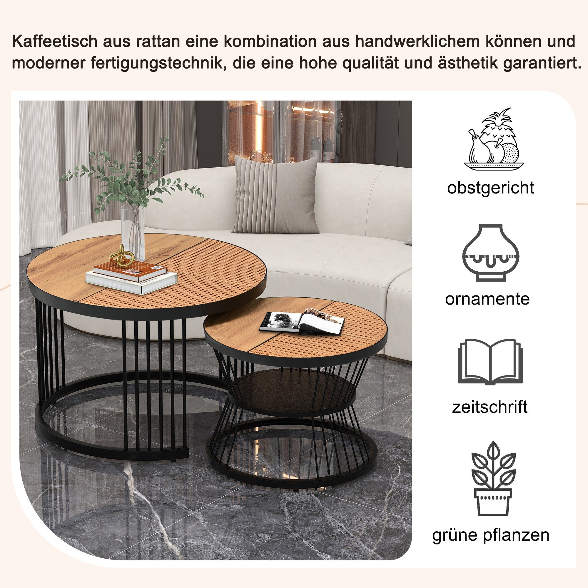 schwarz Ulife Couchtisch 70*45.5cm, (Set, Kunstrattan 2-St., 45*40cm Metallgestell Beistelltisch 2er Set), Satztisch