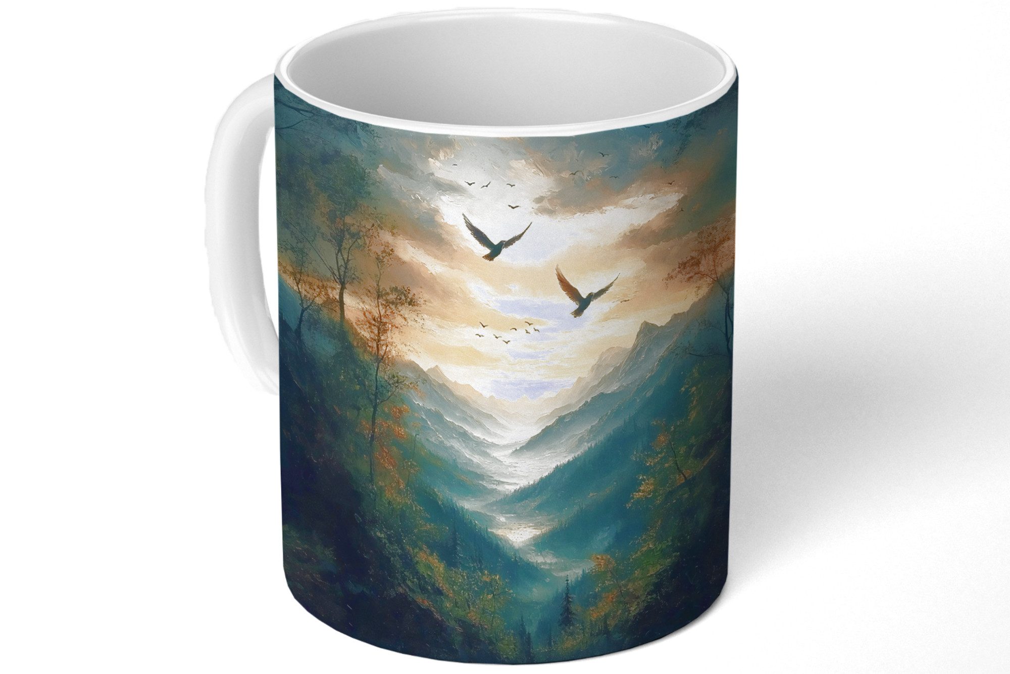 MuchoWow Tasse Vögel - Sonne - Bäume - Grün, 1-tlg., Keramik, Kaffeetassen, Teetasse, Becher, Kaffeebecher, Geschenk